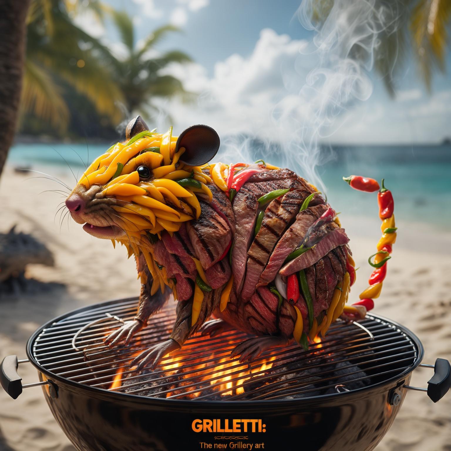 AI Image Generated by Luma Photon: A hyper-realistic 3D render of a colossal grill set on a tropical beach, featuring a breathtaking, culinary replica of Pikachu, created entirely from grilled meats and peppers. This extraordinary masterpiece is the work of GRILLETTI, an eccentric artist known for crafting detailed artwork using barbecue techniques. The large grill serves as the canvas, with vibrant yellow peppers forming Pikachu’s iconic fur, and perfectly grilled cuts of beef and pork creating the textured details of its cheeks, tail, and ears. Smoky, charred meat mimics the bold lines of Pikachu's design, while the peppers add vivid color and depth to the piece. The scene is filled with smoky tendrils rising from the grill, enhancing the artistic atmosphere. The sun shines brightly in the background, casting warm light over the enormous grill and highlighting the intricate details of GRILLETTI’s barbecue masterpiece. Add the slogan "GRILLETTI: The new Grillery art". This savory rendition of Pikachu embodies the fusion of art and culinary craftsmanship, turning a simple grill into a canvas for creativity., photo, 3d render, vibrant, comceptual art