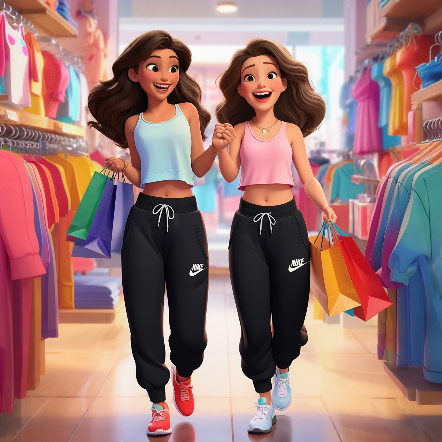 AI Image Generated by Luma Photon: Two lesbians Bree Young in long sweat black nike and riley anderson in long sweat black nike and cloth shopping clothe drawing Disney cgi