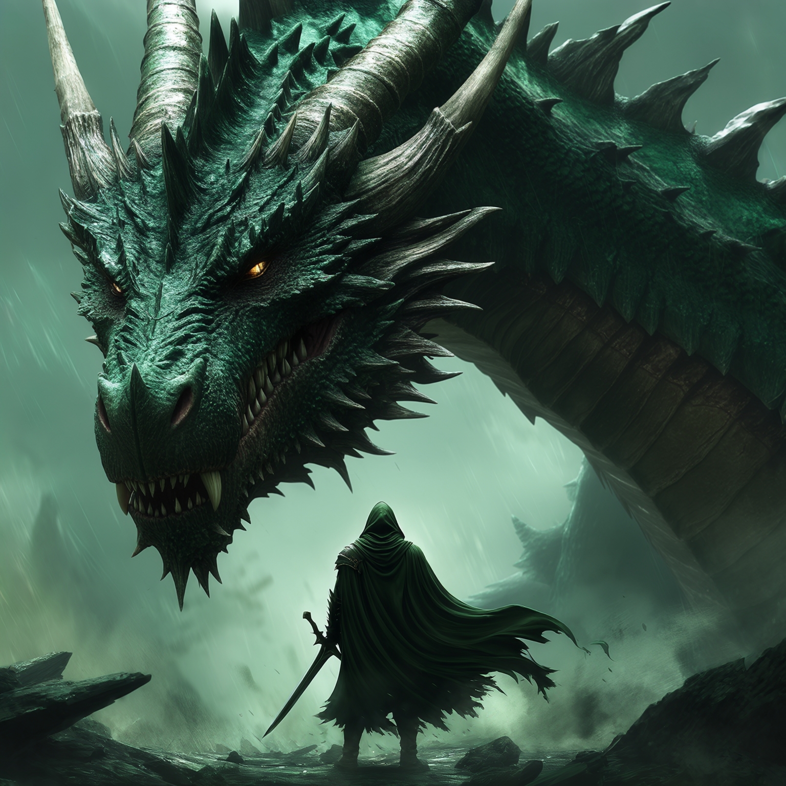 AI Image Generated by Luma Photon: A hyper-realistic epic fantasy scene with cinematic detail. The main focus is a massive, ancient dragon facing a lone mysterious figure. The dragon is colossal, with deep green and dark emerald scales covered in intricate ridges, scars, and rugged textures. Its head fills the frame, with sharp, jagged horns protruding from its crown, and a row of spines down its thick, muscular neck. The dragon's eyes are glowing, intense amber, with a menacing yet intelligent expression. Its nostrils are flared, and its mouth is partially closed, revealing razor-sharp white fangs. The scales shimmer subtly in the dim light, emphasizing their rough, weathered texture. In front of the dragon stands a brave figure wearing a dark green hooded cloak that flows dramatically in the wind. The figure’s back is to the viewer, exuding defiance and courage, creating a striking contrast with the enormous beast. The hood conceals the figure's face, adding an air of mystery. The environment is chaotic and immersiv