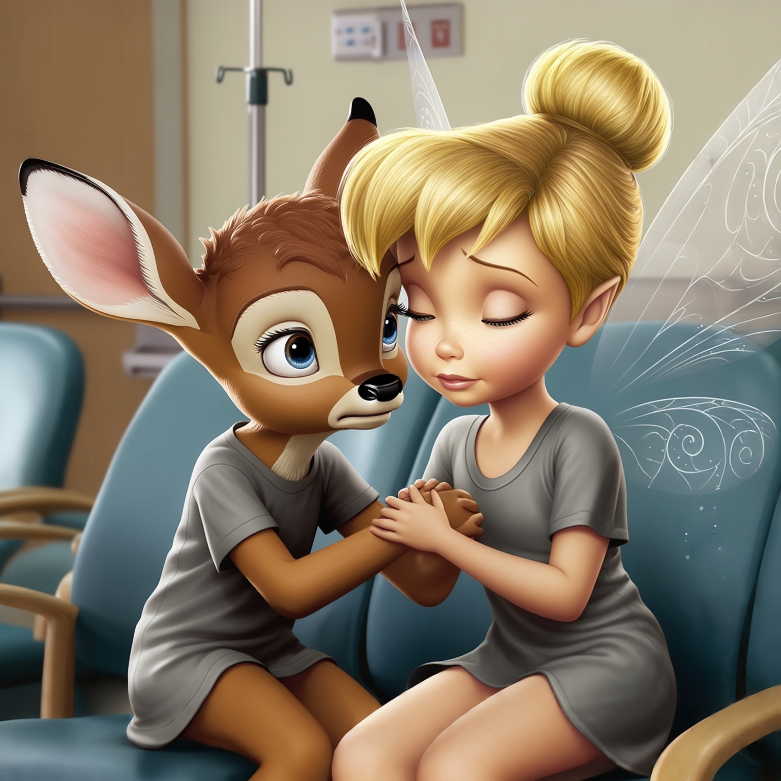 AI Image Generated by Luma Photon: Lesbiennes Noa fawn animal en t-shirt gris et tinkerbell en t-shirt gris se donner la mains se rassurer se câliner dans la salle d'attente que tout les deux sans leur petit fille et attendre la réponse des médecins et infirmier du traitement et autre de leur petite fille allongée sur le lit d' hôpital être au bloc avoir une tumeur a la tête être presque un peu en larme de la laissé opératoire styles drawing Disney