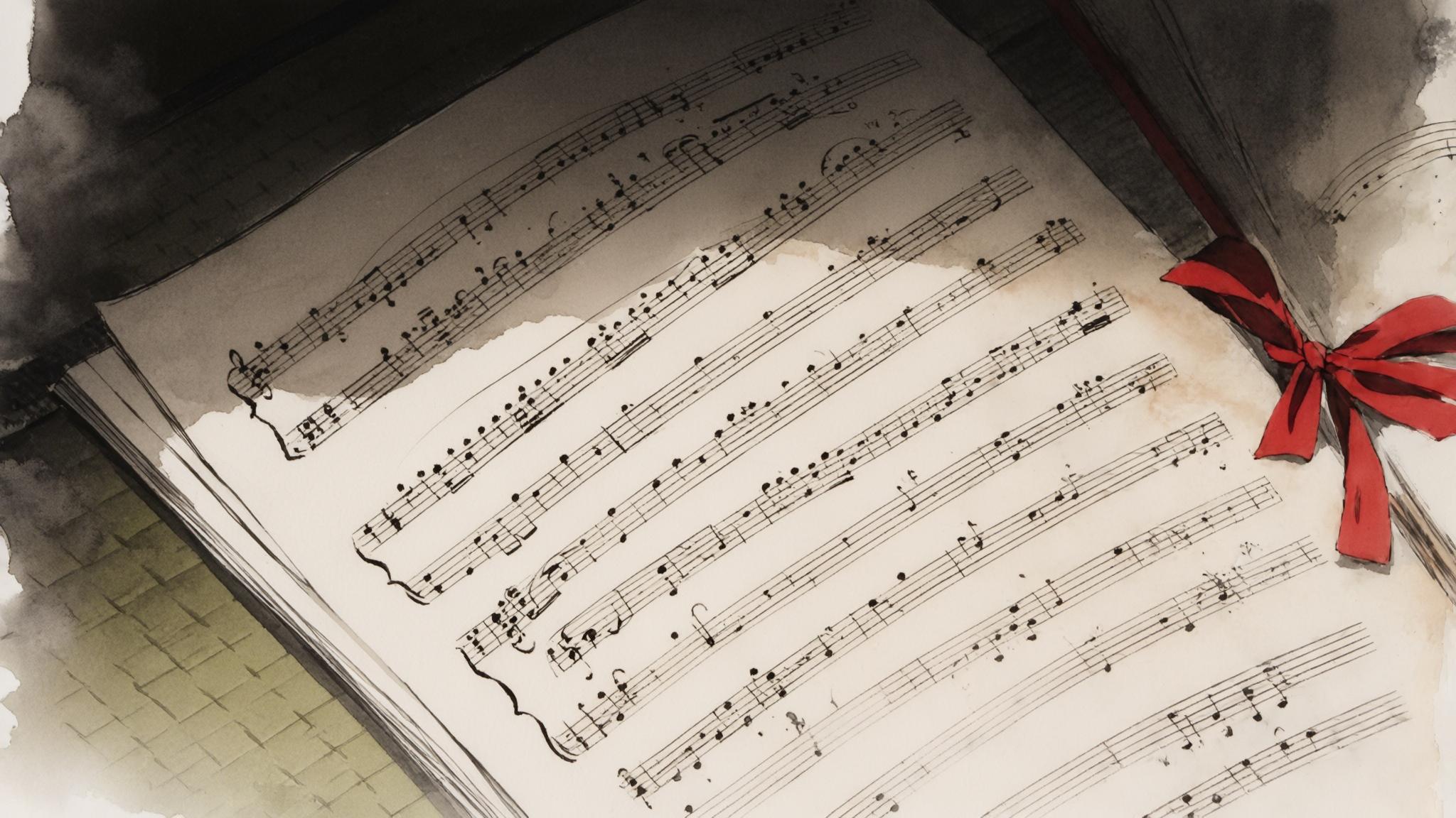 AI Image Generated by Luma Photon: Japan, second half of the 19th century. The Boshin War is underway. The Geisha school in Kyoto. Japanese music room. Close up view on music sheets. Among the music sheets lies a scroll tied with a red ribbon. Watercolor style, all objects in dark tones.  For some parts use colors: #92011A, #3D6E3E, #013857, #FFE0DF