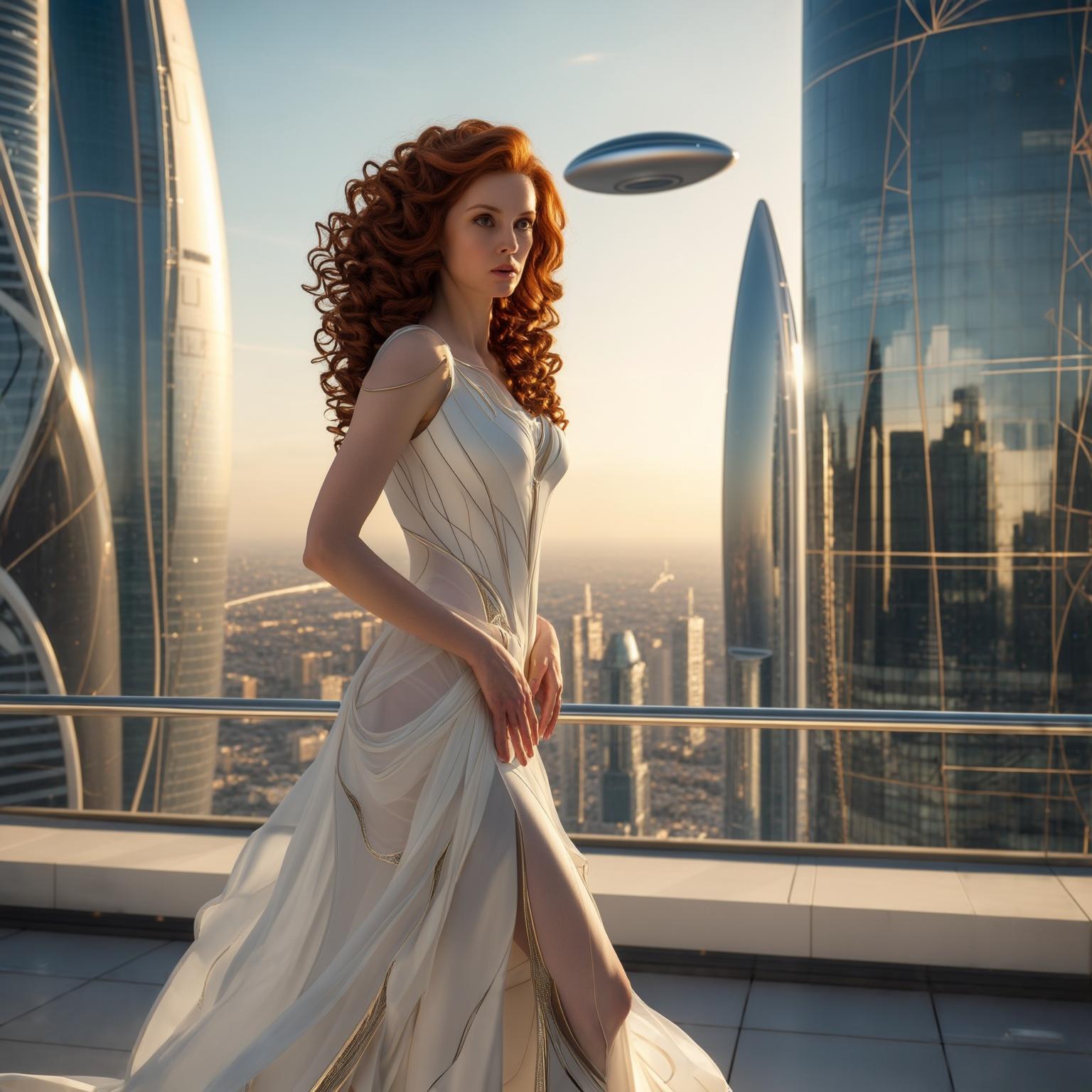 AI Image Generated by Luma Photon: A stunning European-looking woman with luxurious, voluminous chestnut curls cascading down to her waist stands gracefully on a futuristic open-air terrace, overlooking a breathtaking high-tech cityscape. The bright afternoon sunlight (4:00 PM) light gold hour illuminates the scene, casting crisp, well-defined shadows across the sleek, reflective surfaces of towering skyscrapers. The architecture blends ultramodern glass facades with intricate geometric patterns, creating a mesmerizing futuristic aesthetic. She is adorned in a pure white, flowing gown, a futuristic take on a Greek goddess dress. The fabric is light and ethereal, with semi-transparent layers that ripple gently in the wind, subtly revealing the graceful contours of her silhouette. Delicate metallic accents are seamlessly woven into the fabric, catching the sunlight with a soft, futuristic shimmer. In the sky, a single sleek, oval-shaped flying capsule hovers far in the distance, its smooth metallic surface reflecting the afternoon sun. The futuristic aircraft moves effortlessly, a silent testament to the advanced technology of this world. The woman’s expression is calm yet thoughtful, her piercing gaze set on the vast city before her. The soft breeze lifts her voluminous curls, making them dance under the bright daylight, emphasizing her natural beauty and poise. She stands with confidence, embodying a perfect blend of elegance, strength, and mystery in this sunlit cyber-futuristic world.