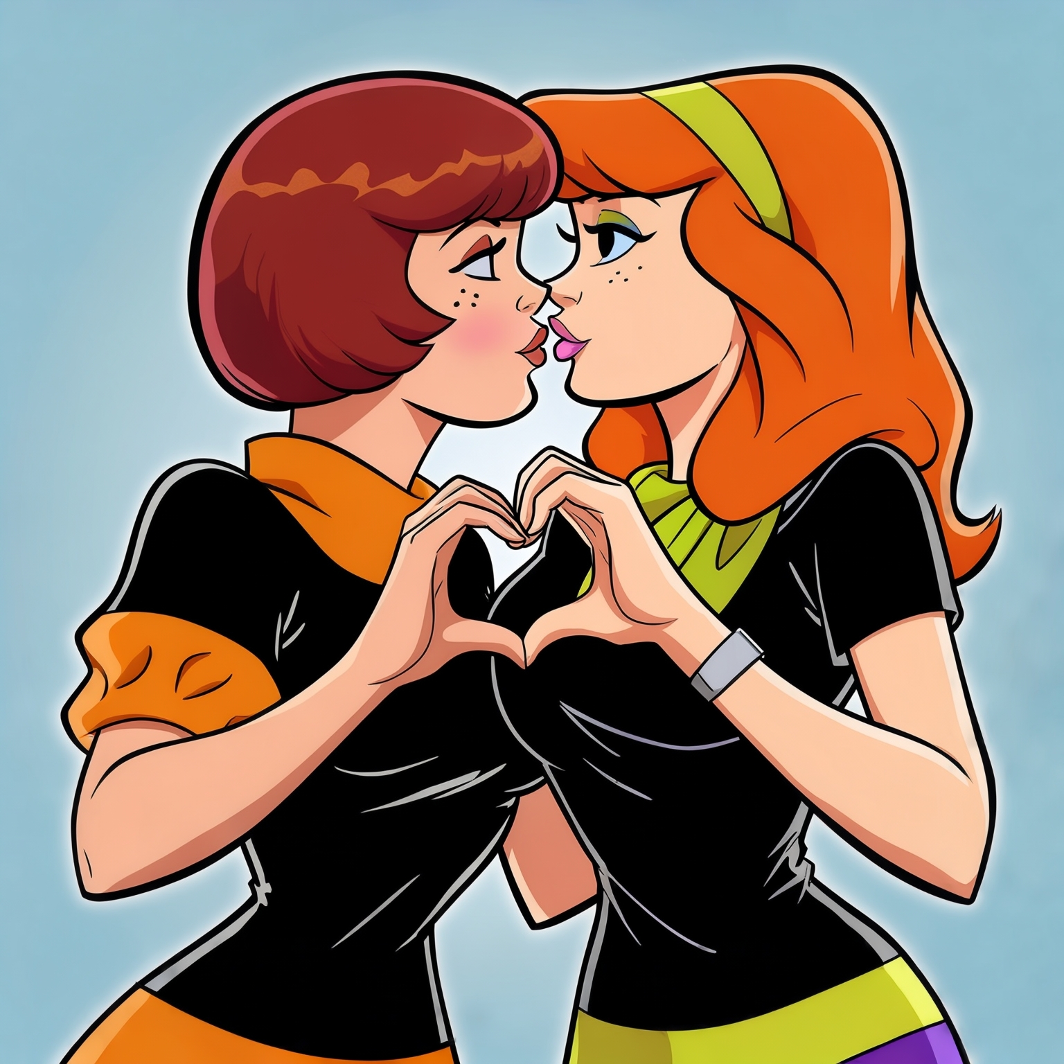 AI Image Generated by Luma Photon: Lesbiennes  en t-shirt noir velma dinkley et Daphne Blake faire un cœur avc leur deux mains être amoureuse et resté amoureuse pour toujours et s'embrasser sur la bouche styles Scooby-doo hanna-barbera