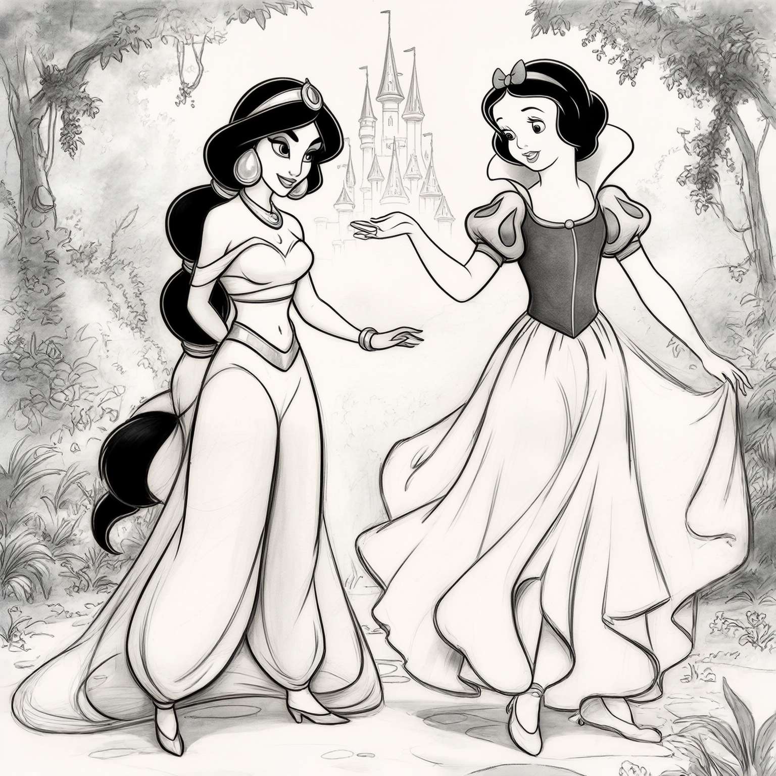 AI Image Generated by Luma Photon: Two lesbians two Pac Man characters like princess jasmine and princess snow white drawing Disney 1937s 