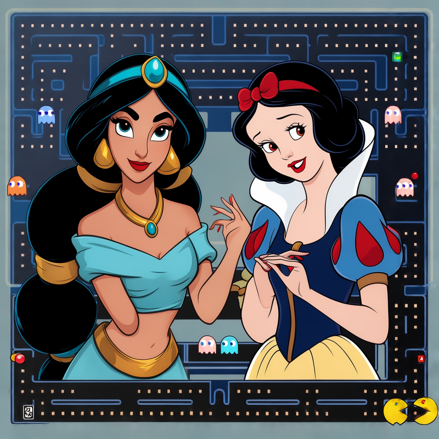 AI Image Generated by Luma Photon: Two lesbians princess jasmine and princess snow white characters Pac Man drawing Disney 1937s that both