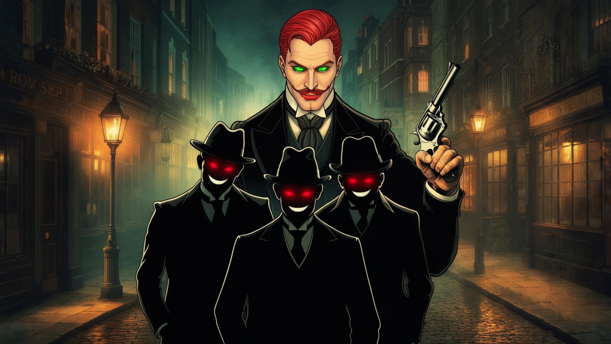 AI Image Generated by Luma Photon: This should be a movie cover. No inscriptions, except "The Power of Big Tom". The background is the streets of London, a slight haze. Night. Lanterns illuminate the street. In the middle of the street stand three silhouettes with red eyes and mocking smiles from the shadows. These silhouettes are dressed in expensive clothes typical for the 20th century mafia. A man menacingly towers over this whole picture. He has well-groomed red hair slicked to the side. The man has green eyes. He has a short red moustache. He is dressed in beautiful clothes and holds a revolver in his hand. A poster in the style of 20th century advertising. Gloomy mood