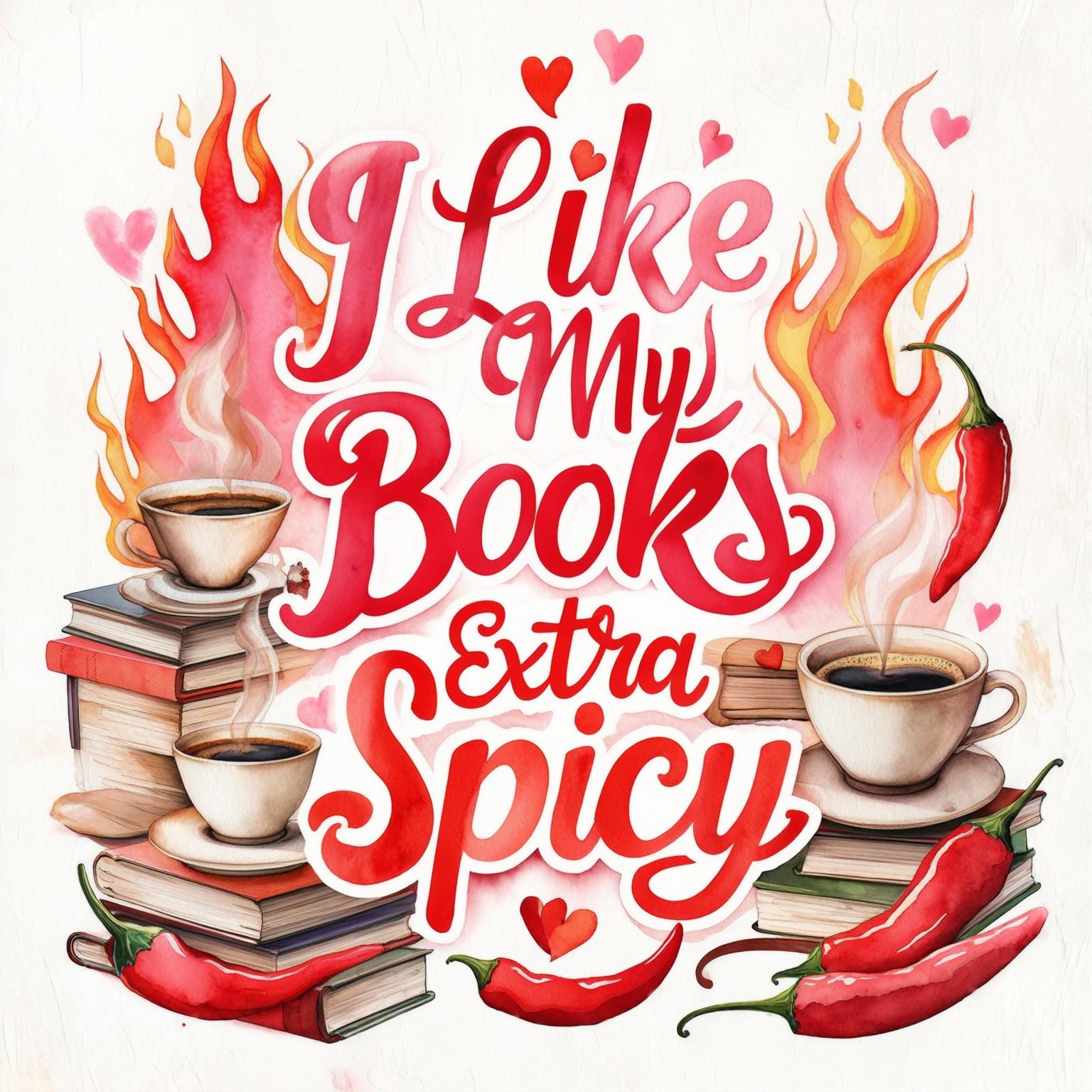 AI Image Generated by Luma Photon: A vibrant illustration showcasing a playful theme of books and spicy elements. The focal point is a bold, stylized text stating 'I Like My Books Extra Spicy,' featuring an array of vivid colors such as reds, pinks, and blacks. Surrounding the text are whimsical elements: flaming books, chili peppers, hearts, and steaming cups of coffee, all crafted in a watercolor style. The background is a soft, textured white, enhancing the bright hues. Compositionally, the elements are evenly distributed, creating a lively and dynamic feel without overwhelming the text. The lighting is bright and cheerful, emphasizing the playful nature of the design. The overall aesthetic blends a trendy, modern style with a hint of vintage charm, making it perfect for book lovers with a sense of humor.