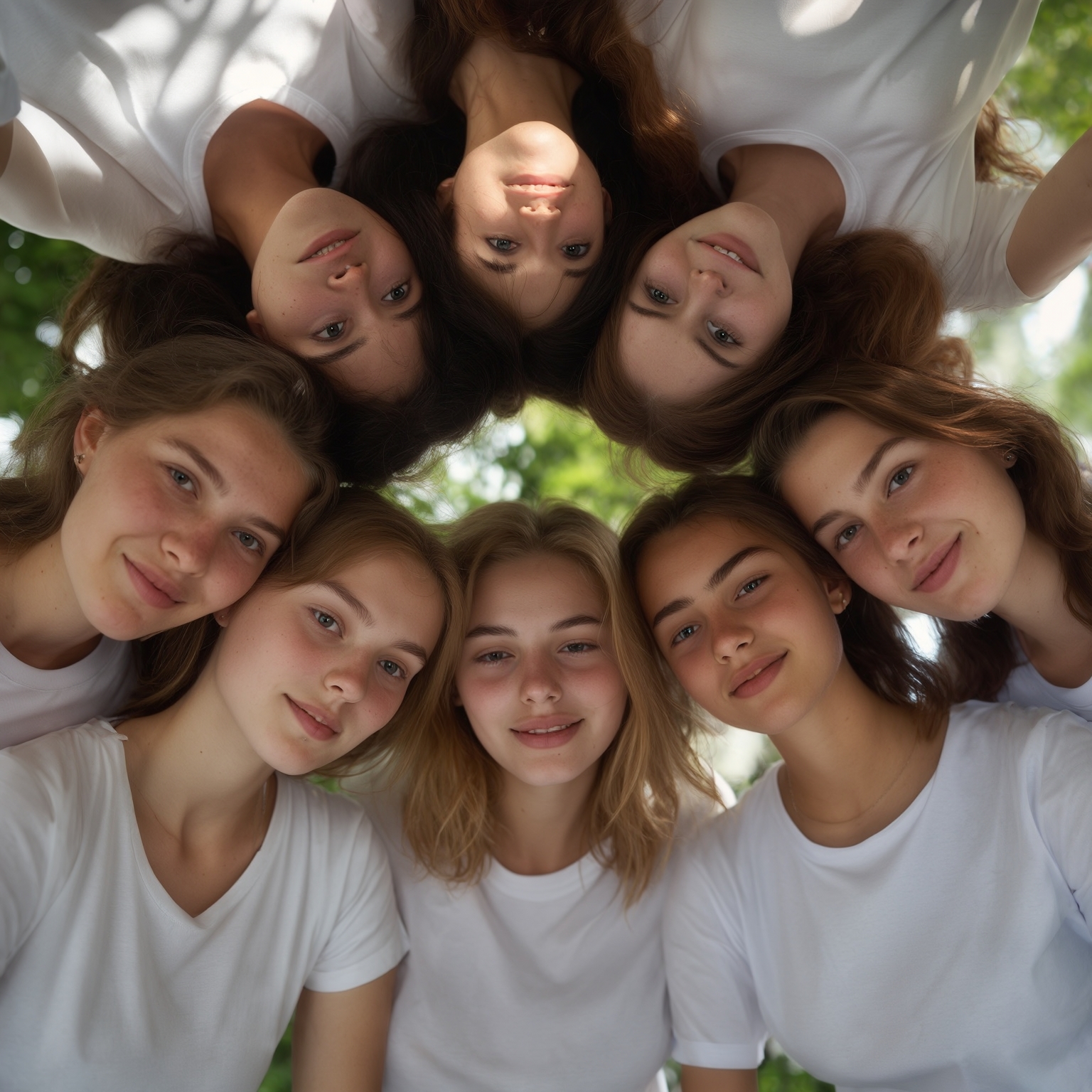 AI Image Generated by Luma Photon: All crown lesbians 18 year old European from around the world in white t-shirts formed a cuddled circle