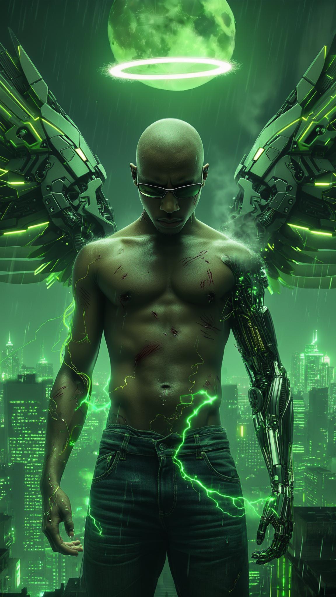 AI Image Generated by Luma Photon: A cinematic shot captures a bald Dominican young man standing motionless in the heart of a sprawling futuristic cityscape. The golden glow of a floating halo above his head softly illuminates his cybernetically enhanced face, highlighting deep scars that tell a story of survival. His sleek sunglasses rest low on his nose, revealing sharp, contemplative eyes as he gazes into his open palm radiating with green electricity. Raindrops sizzle against his cybernetic fingers, steam rising as faint arcs of electricity dance across his metallic limbs. His massive Gundam-style mecha wings remain folded behind him, pulsating with neon green energy, their intricate mechanisms subtly shifting with each breath he takes. The city hums around him—ships patrol the sky, their distant lights flickering in the reflection of his palm. The camera lingers on the moment, capturing every detail in hyper-realistic 8K with Unreal Engine-quality visuals. The neon skyline pulses in slow rhythm, a hypnotic dance of color and light, while a massive green moon looms overhead, casting an ethereal glow across the scene. The world seems to pause with him, the weight of destiny resting in his grasp.