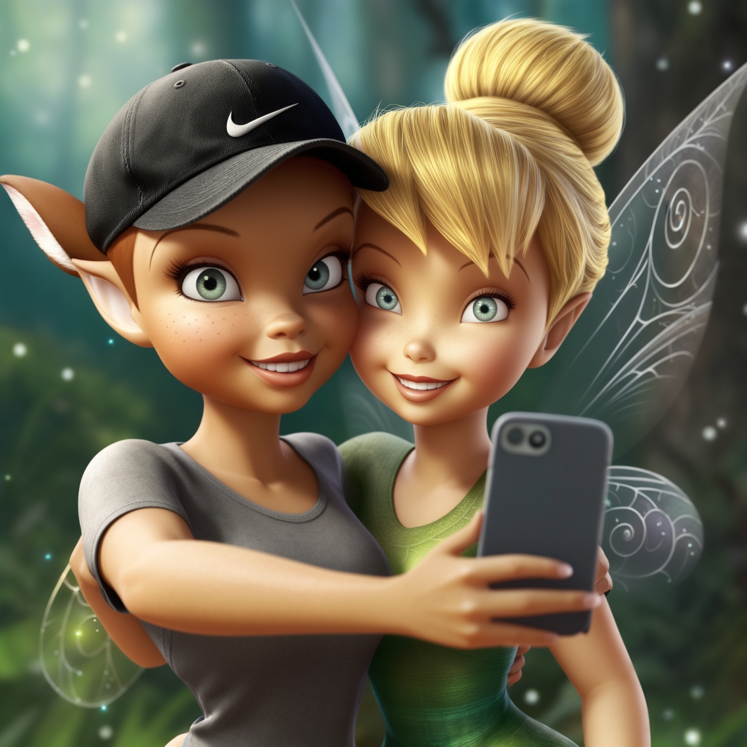 AI Image Generated by Luma Photon: lesbiennes fawn Noa heureuse la fée confiante en t-shirt gris et clochette tinkerebelle la fée en t-shirt gris entrelacés prendre des selfie et Noa Fawn portée la casquette noire nike de clochette tinkerebelle styles dessin cgi Disney