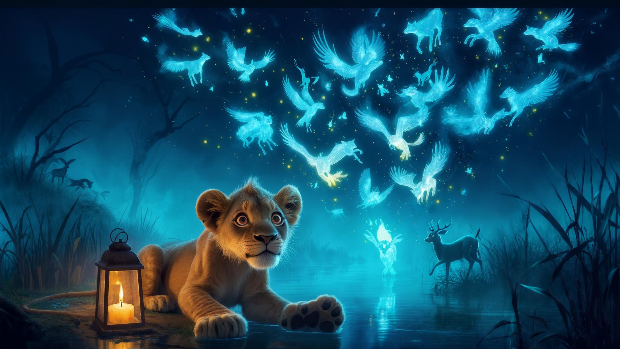 AI Image Generated by Luma Photon: Mufasa the baby lion paws at the lantern — suddenly, glowing animal spirits burst into the sky like fireflies!

Key Visual Elements: Baby lion wide-eyed, spirits shaped like foxes, deer, and birds soaring upward, swamp illuminated in ghostly blue.

Mood & Atmosphere: Awe, wonder, slight fear.
