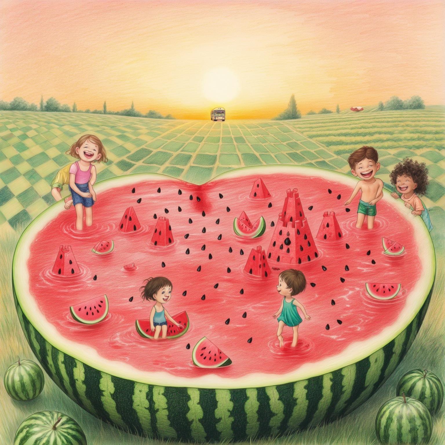 AI Image Generated by Luma Photon: A soft, nostalgic hand-drawn colored pencil illustration depicting a whimsical, dreamlike scene. A massive, half-cut watermelon sits in an open field, its juicy red interior transformed into a playful wonderland for children. The watermelon’s surface shimmers like a pool of fresh juice, where a diverse group of kids—each with unique hair and skin tones—splash, laugh, and explore. Some children carve small watermelon slices into floating rafts, while others build tiny juice castles using the black seeds as decorations.
One child sits at the edge, kicking their feet into the red, juice-like water, while another carefully stacks watermelon seeds into a pyramid. Two friends sculpt a smiling face out of a large chunk of fruit, their hands sticky with sweetness. In the background, a vast landscape of checkerboard-like green fields stretches toward the horizon, resembling a cultivated watermelon farm. A tiny bus winds through the scenery, hinting at a world where this surreal yet heartwarming moment naturally exists. The golden sunset casts a warm glow, blending softly into the peach-colored sky.
The entire illustration maintains a warm, pastel-toned color palette, with soft shading and visible crayon strokes that evoke a nostalgic, childhood storybook charm. The balance of realism and playful fantasy makes the scene feel impossible yet somehow believable, inviting viewers to step into this delightful, imaginative world.