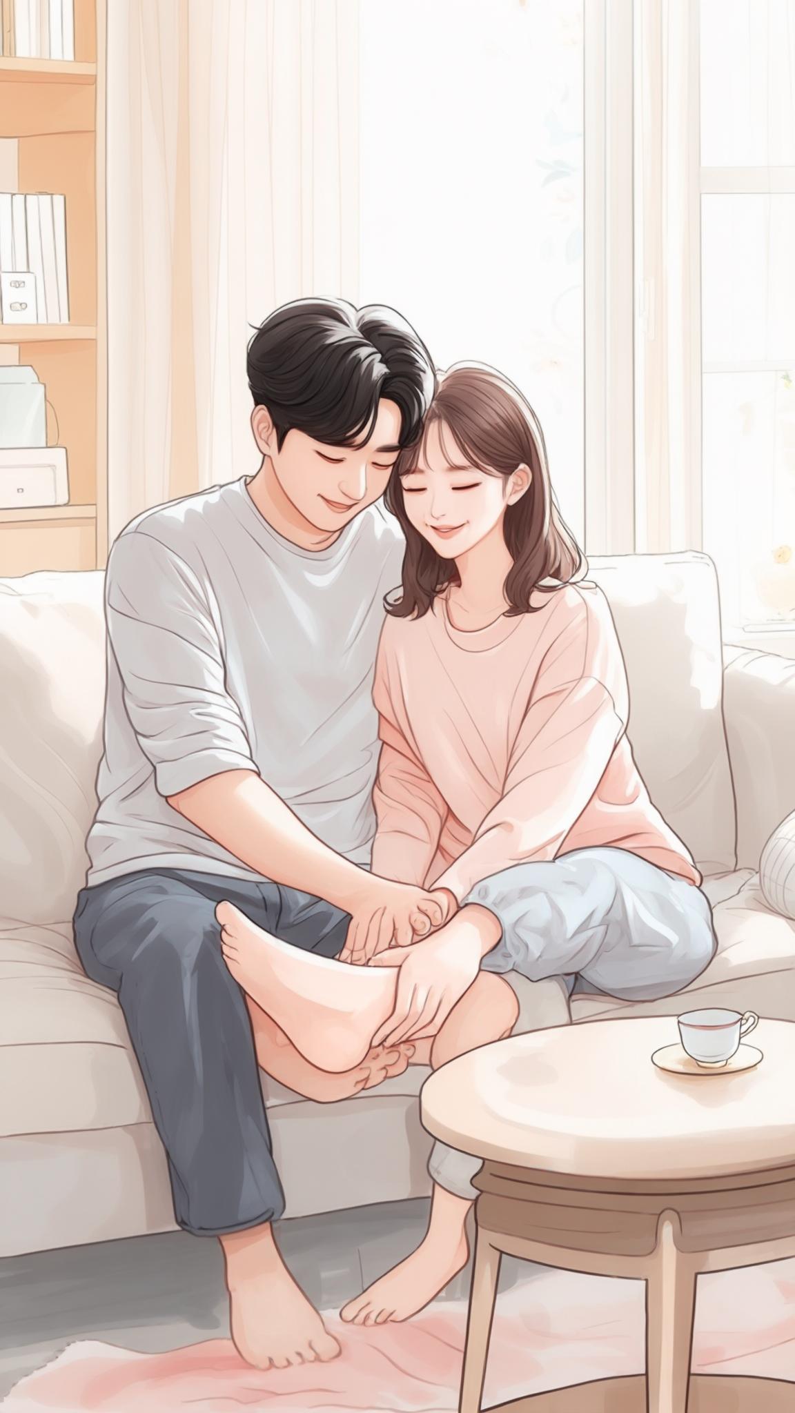 AI Image Generated by Luma Photon: Korean webtoon SD-style illustration of a husband gently massaging his wife’s legs on a cozy sofa. Warm, family-friendly atmosphere with soft pastel colors, clean line art, and cute character proportions. Emphasize a wholesome mood without any sexual context. Both are wearing casual, comfortable clothes in a bright and inviting living room. Show their affectionate expressions and relaxed body language.