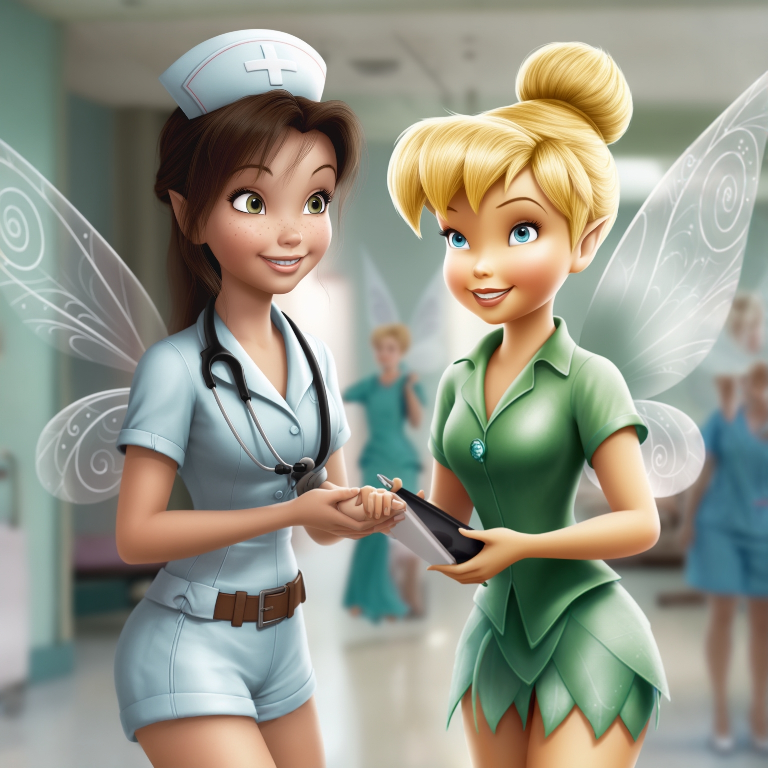 AI Image Generated by Luma Photon: humaines Lesbiennes noa fawn en tenue de aide-soignante infirmière manche courte et shorte et clochette tinkerbell en tenue de aide-soignante infirmière manche courte heureuse travailler ensemble tout les jours