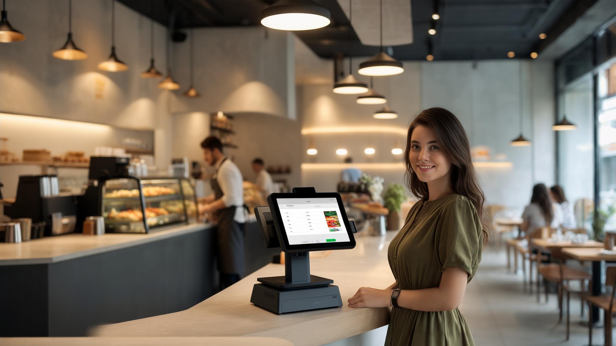AI Image Generated by Luma Photon: A photo of a Cafe, A modern POS system on the counter. A cute woman is standing near the counter wearing olive dress. The cafe has a organized layout, few customers are there dining behind her. The background is minimalist with bright lights hanging from the ceiling.