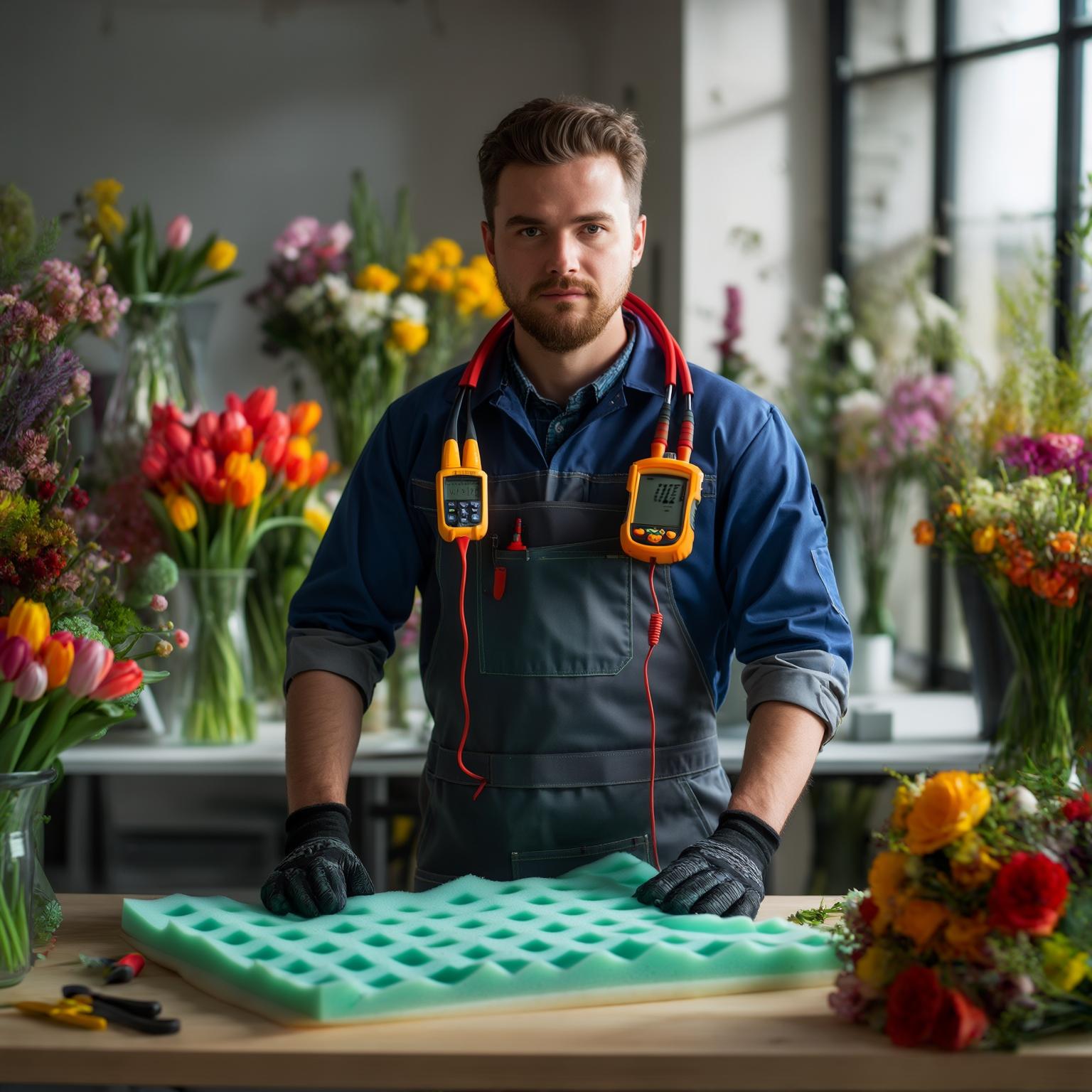 AI Image Generated by Luma Photon: professional commercial studio photography, the engineer with measuring instruments on own neck at the florist's workplace with green floral foam and colorful fresh flowers in modern minimalistic design, sunny winter day outside, hdr