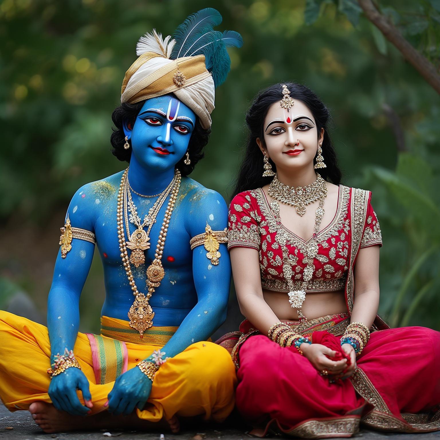 AI Image Generated by Luma Photon: A photograph of two couple dressed as Hindu deities Radha and Krishna, sitting together cross-legged. Male is wearing blue skin, traditional yellow and blue garments, a feathered crown, and jewelry. Female wearing a red and gold outfit and jewelry.