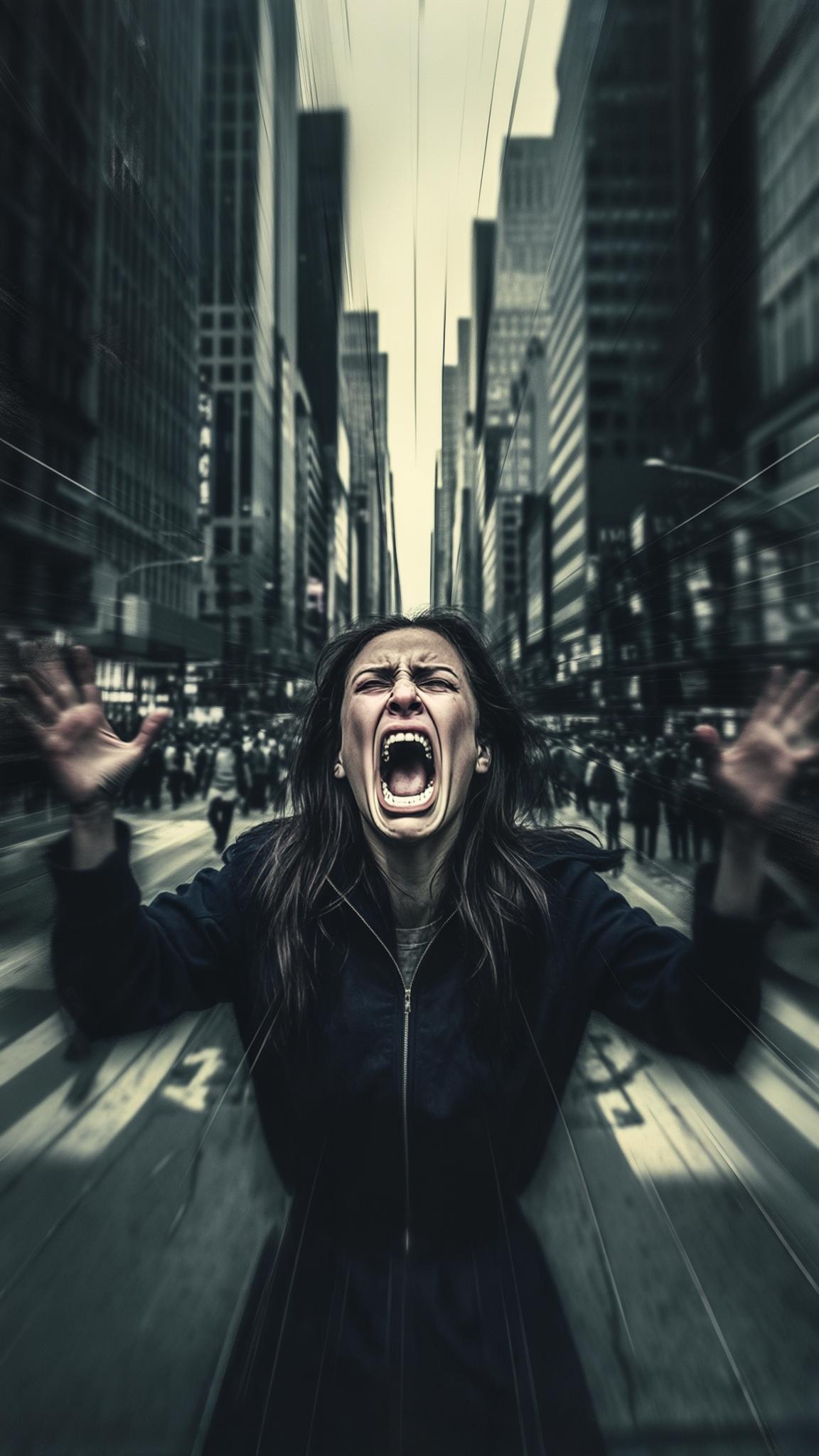 AI Image Generated by Luma Photon: A dramatic visual of a person suddenly yelling after being pushed too far, streets in the background, camera shaking a bit for impact, cinematic, 9:16