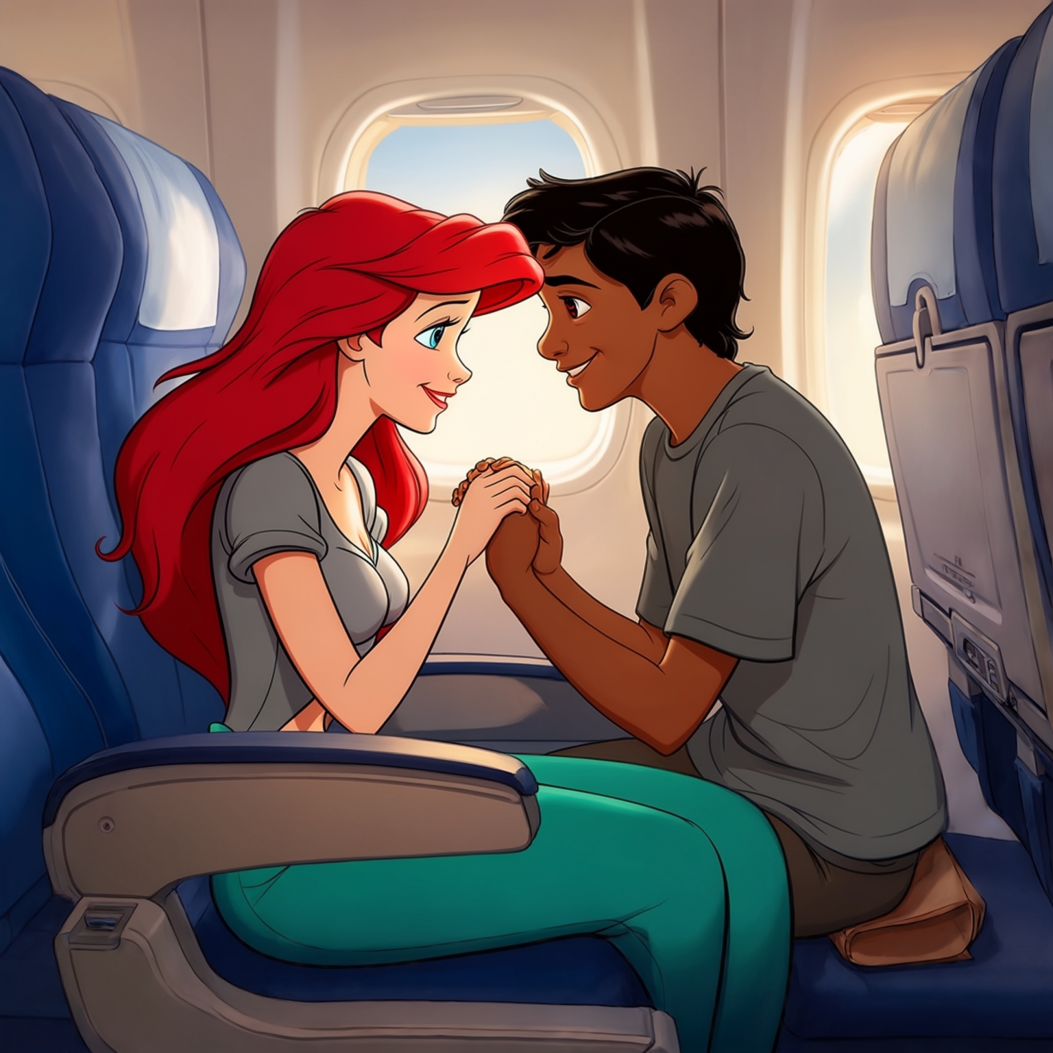 AI Image Generated by Luma Photon: Deux Lesbiennes Nani pelekai en t-shirt gris et ariel en t-shirt gris et partir en vacances prendre l'avion pour la mère entre amoureuses assis tout Les deux a côté se donner la mains dans l'avion drawing Disney