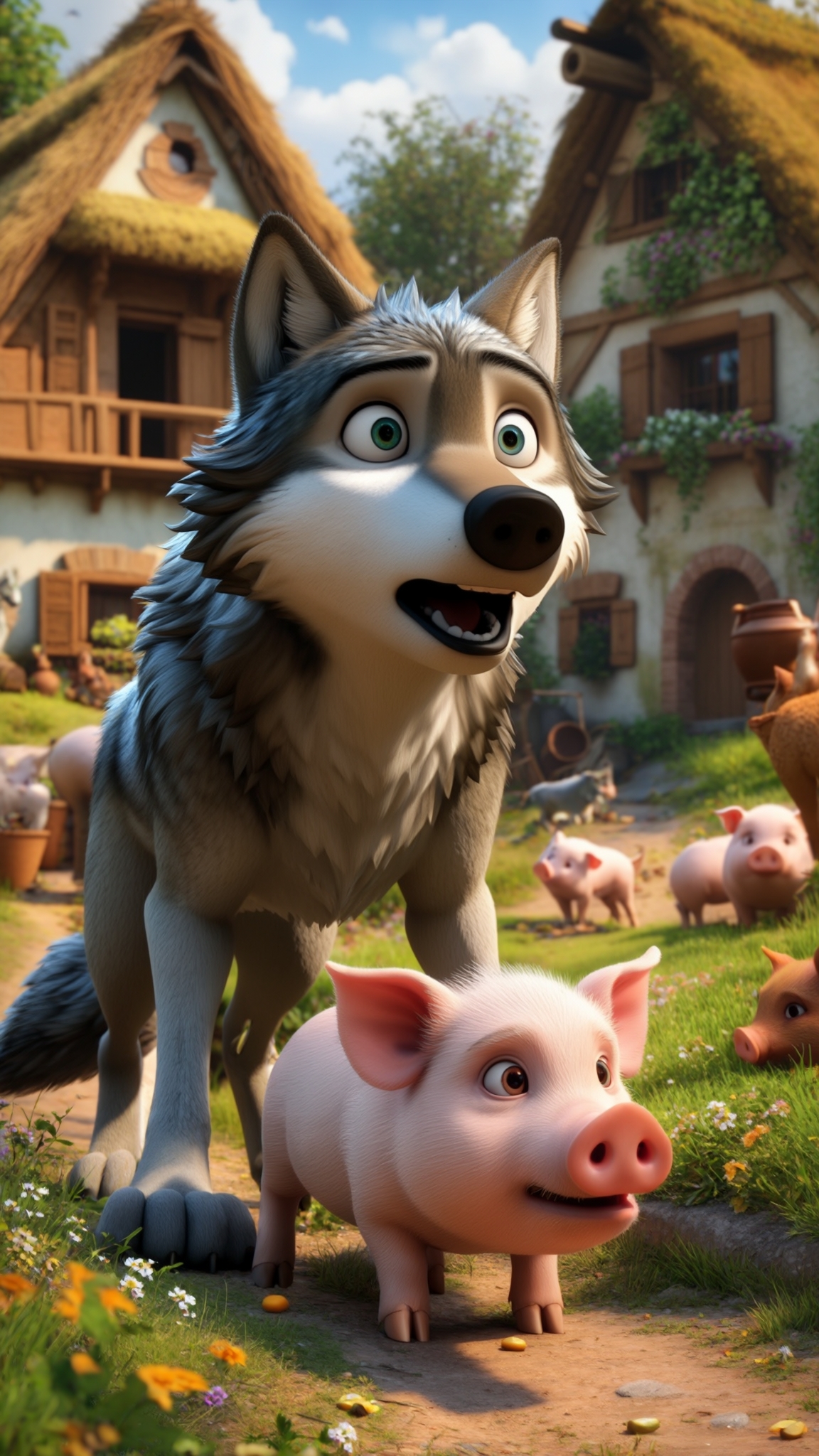 AI Image Generated by Luma Photon: 늑대 '루나'의 가족들은 돼지들과 동물들이 공존하는 마을에서 몰래 먹이를 찾다 발각되었다. 3D 애니메이션 느낌으로