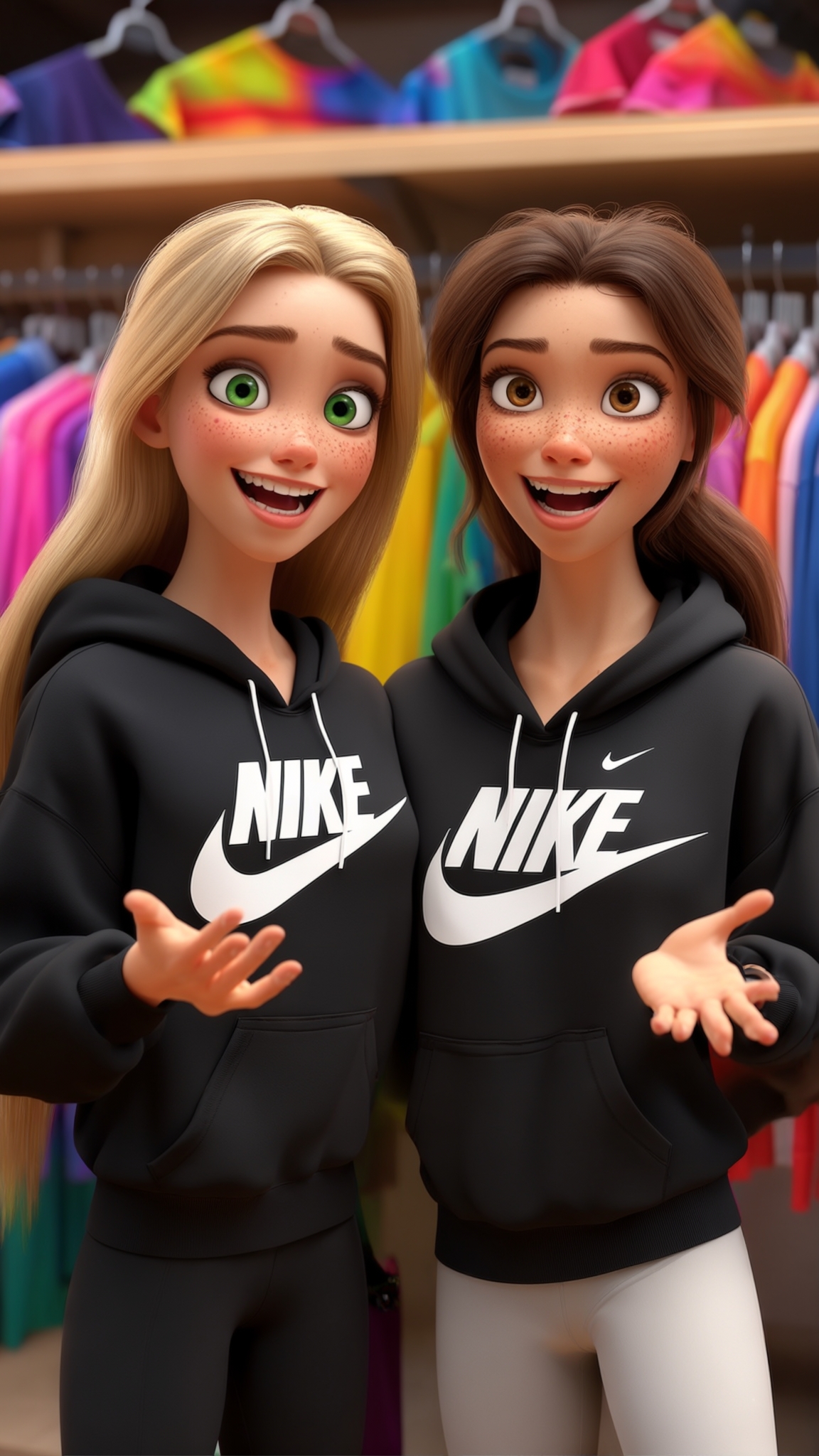 AI Image Generated by Luma Photon: 의류 매장에 있는 두 명의 3D 애니메이션 젊은 여성들이 흰색 나이키 로고가 있는 검은색 나이키 후드티를 똑같이 입고 있습니다. 한 명은 긴 금발 머리에 초록색 눈을 가졌고, 다른 한 명은 갈색 머리에 갈색 눈과 주근깨가 있습니다. 두 사람 모두 활기차게 웃으며 손짓을 하고 있습니다. 배경에는 무지개색 옷들이 걸려있는 다채로운 옷걸이들이 보입니다. 장면은 일반적인 소매점의 부드럽고 따뜻한 조명으로 연출되어 있습니다. 현대 디즈니/픽사 3D 애니메이션과 비슷한 스타일로, 고품질 렌더링, 세밀한 텍스처, 사실적인 원단 표현이 특징입니다. 캐릭터들은 표정이 풍부하고 자연스러운 포즈를 취하고 있습니다.