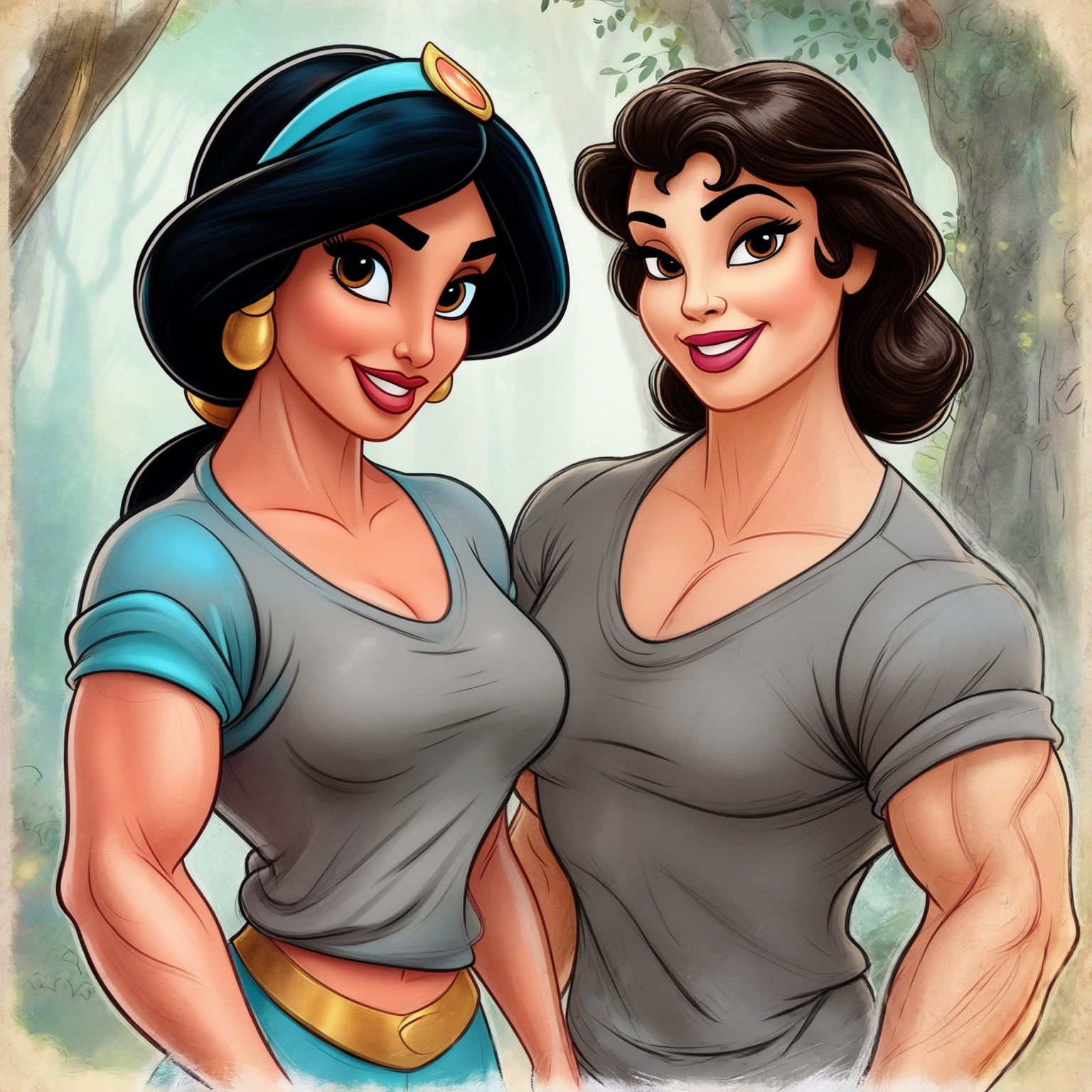 AI Image Generated by Luma Photon: lesbians in t-shirts gray princess jasmine being super muscular Monster nice ogress and princess snow white super muscular monster nice ogress that both drawing Disney cartoon 1937s