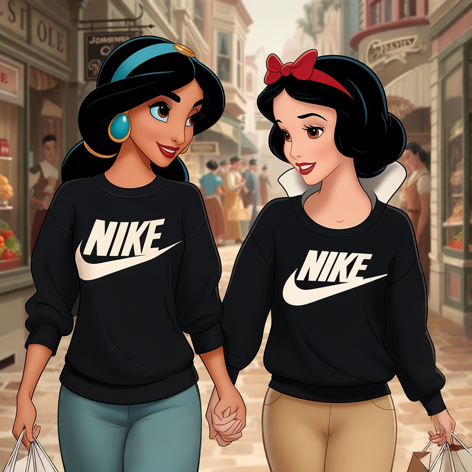 AI Image Generated by Luma Photon: lesbians jasmine dressed in sweat black Nike and and snow white in sweat black Nike and shopping clothe take hands close view styles drawing Disney cartoon 1937s