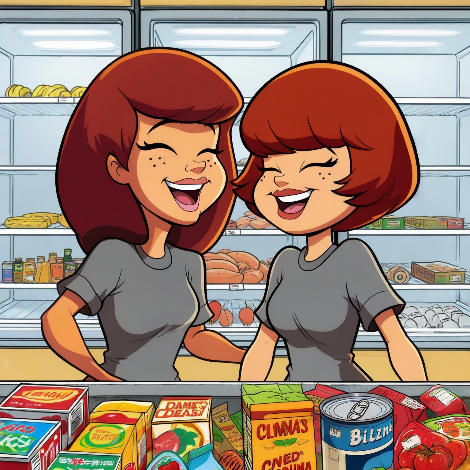 AI Image Generated by Luma Photon: lesbienne et velma dinkley habiller en t-shirt manche court gris et daphne blak habiller en t-shirt manche court gris et faire les courses ne plus rien avoir dans le frigo dans le magasin être heureuse de choisir se qu'elle veulent manger et les courses vue de près styles hanna barbara