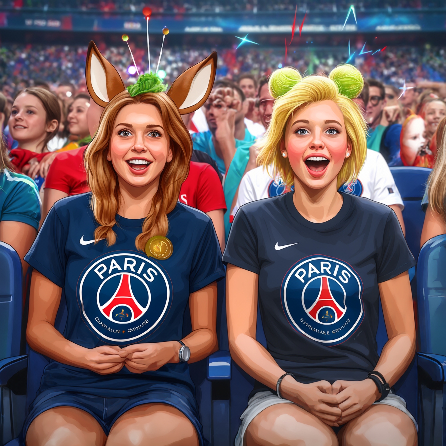 AI Image Generated by Luma Photon: Deux lesbiennes Noa Fawn en t-shirt psg Nike ET Clochette tinkerbell en t-shirt psg supporté le psg Nike avoir des places assis sur les siège styles drawing Disney cgi