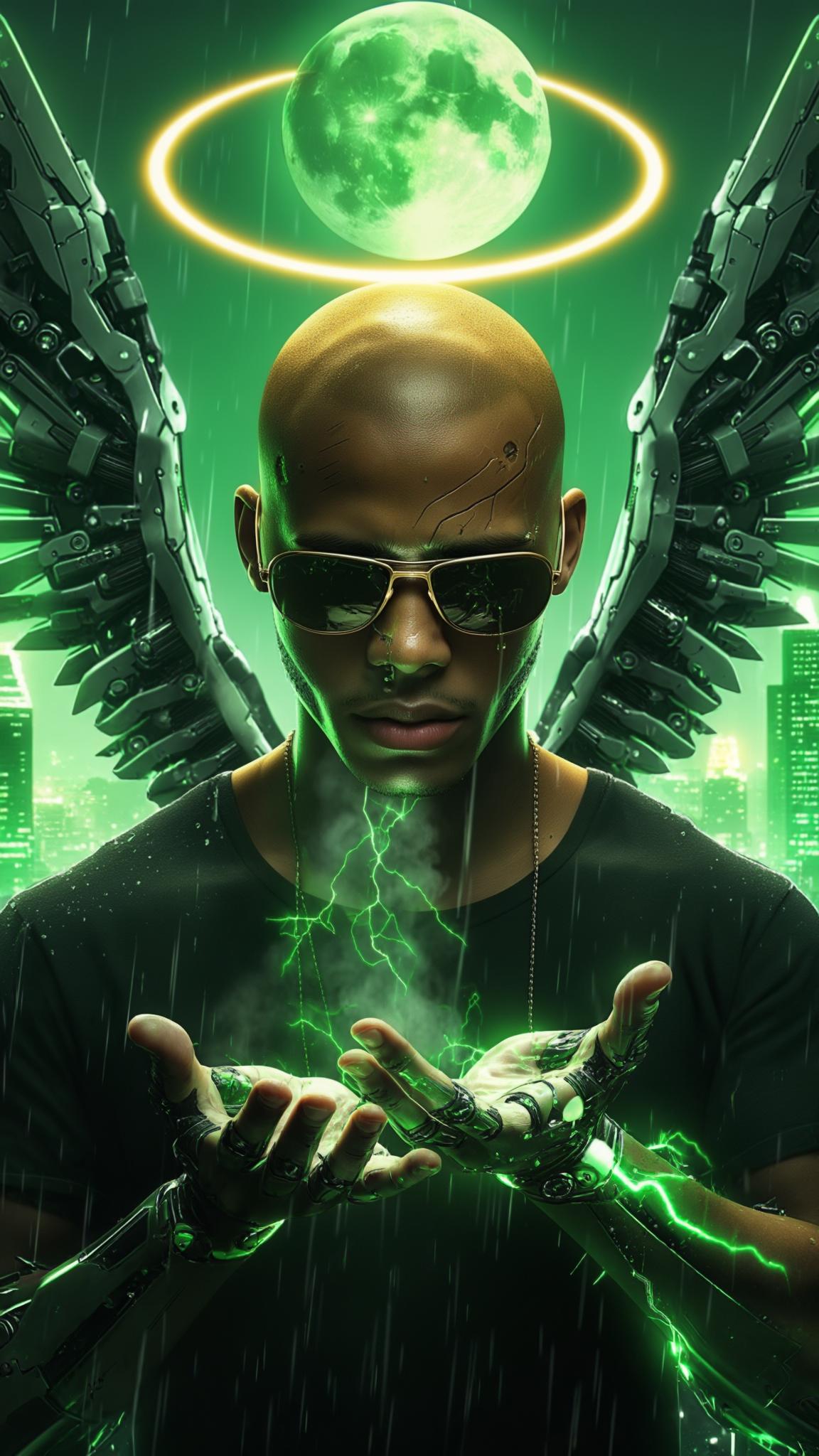 AI Image Generated by Luma Photon: A cinematic close-up captures a bald Dominican young man standing motionless in the heart of a sprawling futuristic cityscape. The golden glow of a floating halo above his head softly illuminates his cybernetically enhanced face, highlighting deep scars that tell a story of survival. His sleek sunglasses rest low on his nose, revealing sharp, contemplative eyes as he gazes into his open palm radiating with green electricity. Raindrops sizzle against his cybernetic fingers, steam rising as faint arcs of electricity dance across his metallic limbs. His massive Gundam-style mecha wings remain folded behind him, pulsating with neon green energy, their intricate mechanisms subtly shifting with each breath he takes. The city hums around him—ships patrol the sky, their distant lights flickering in the reflection of his palm. The camera lingers on the moment, capturing every detail in hyper-realistic 8K with Unreal Engine-quality visuals. The neon skyline pulses in slow rhythm, a hypnotic dance of color and light, while a massive green moon looms overhead, casting an ethereal glow across the scene. The world seems to pause with him, the weight of destiny resting in his grasp.