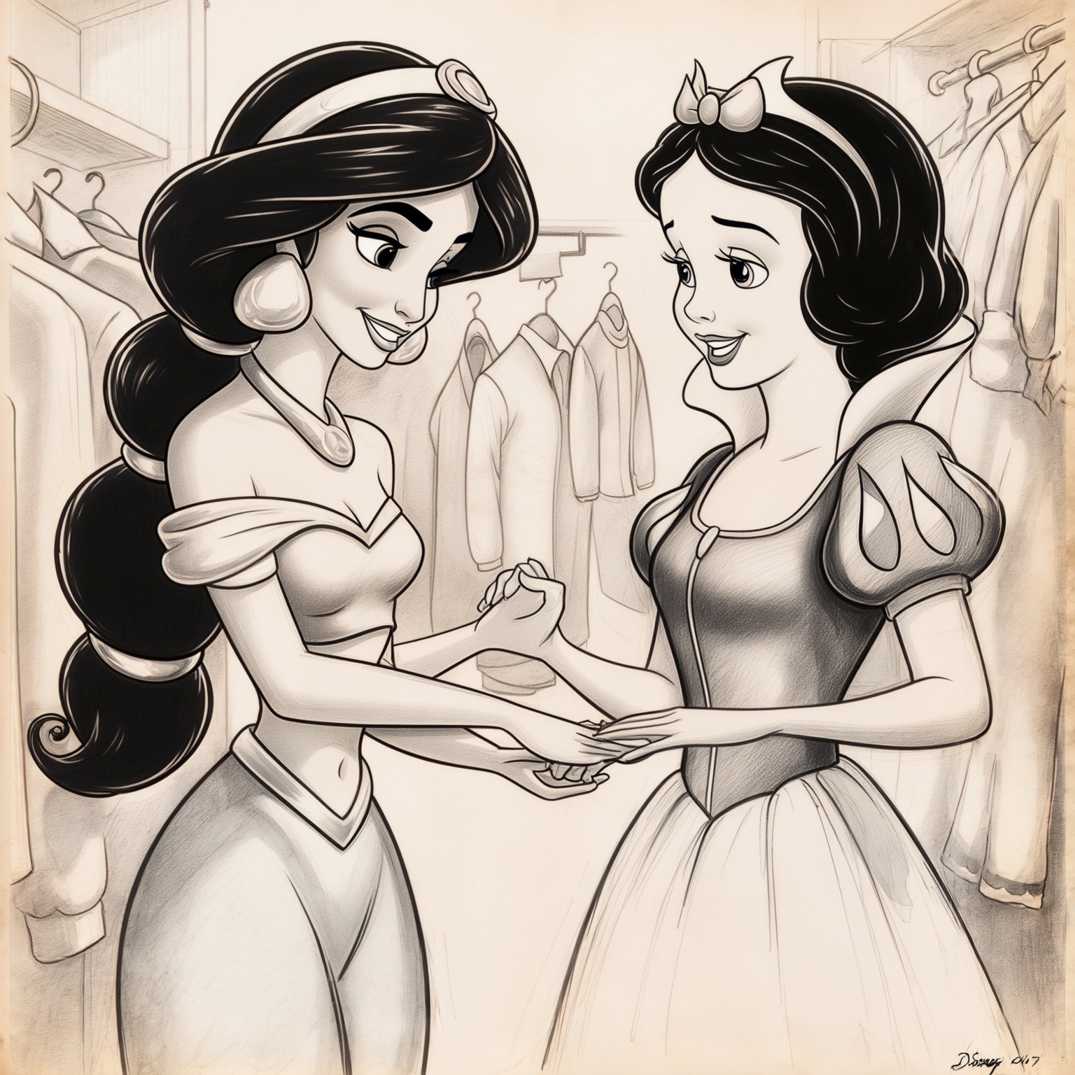 AI Image Generated by Luma Photon: lesbians princess jasmine dressed in princess Daisy and haïr style the same and princess snow white dressed in princess and style the same Peach and shopping clothe take hands close view drawing Disney 1937s