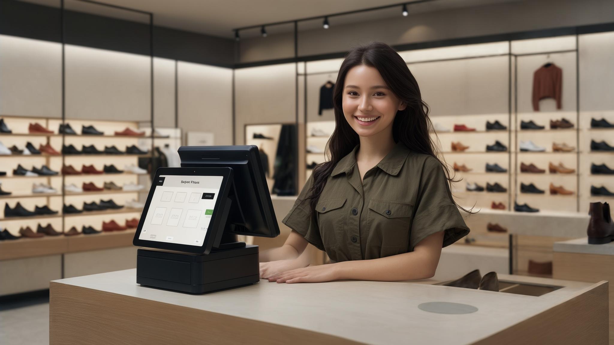 AI Image Generated by Luma Photon: A Shoe store scene, A Modern POS system on the counter. A cute woman with long, dark hair wearing olive outfit, stands behind the counter. The store features an organized layout and minimalist color look.