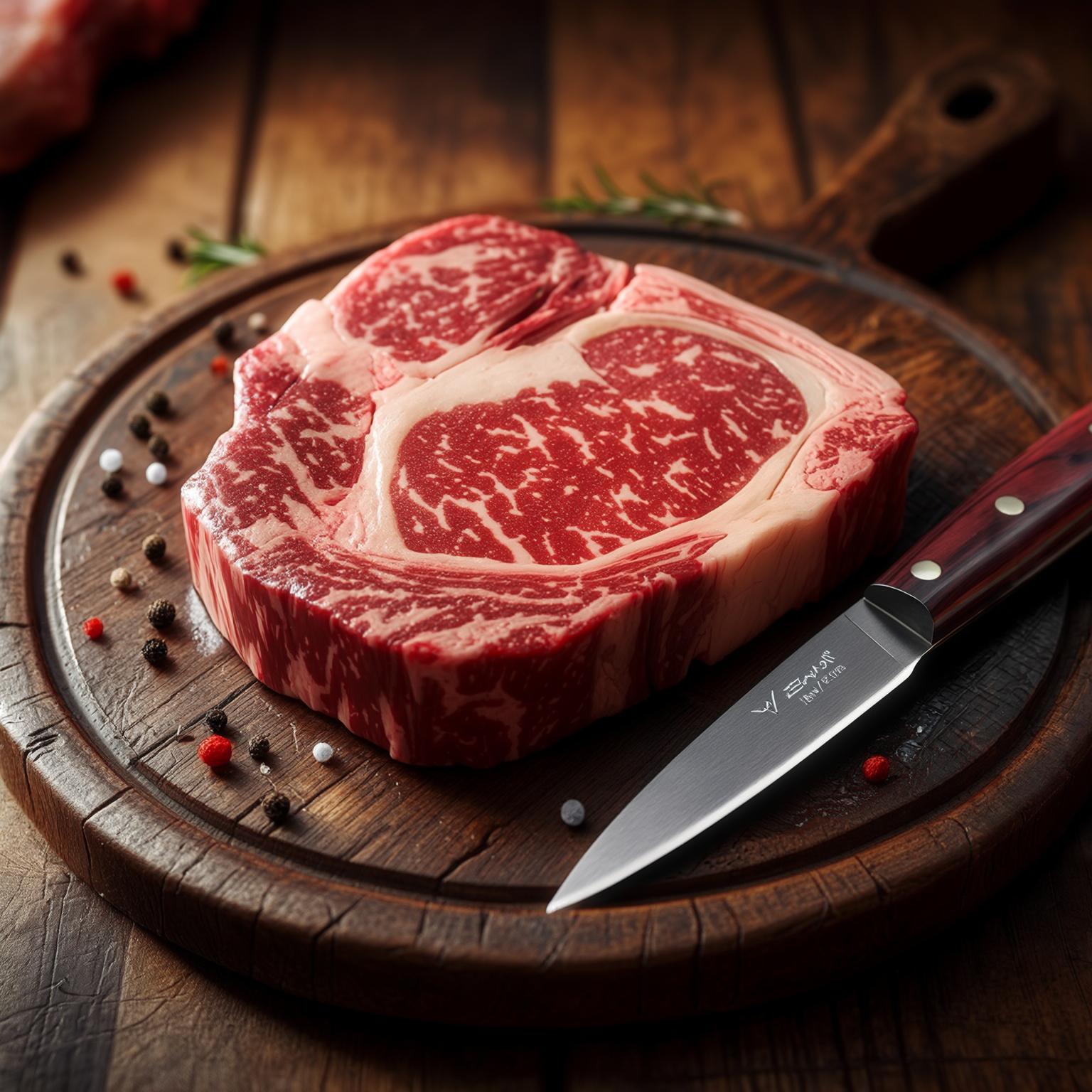 AI Image Generated by Luma Photon: entrecôte de bœuf sur planche en bois servie au restaurant, viande rouge, cuisson saignante, vue de dessus, couteau à viande, lumière d'ambiance, photo ultra réaliste, haute définition