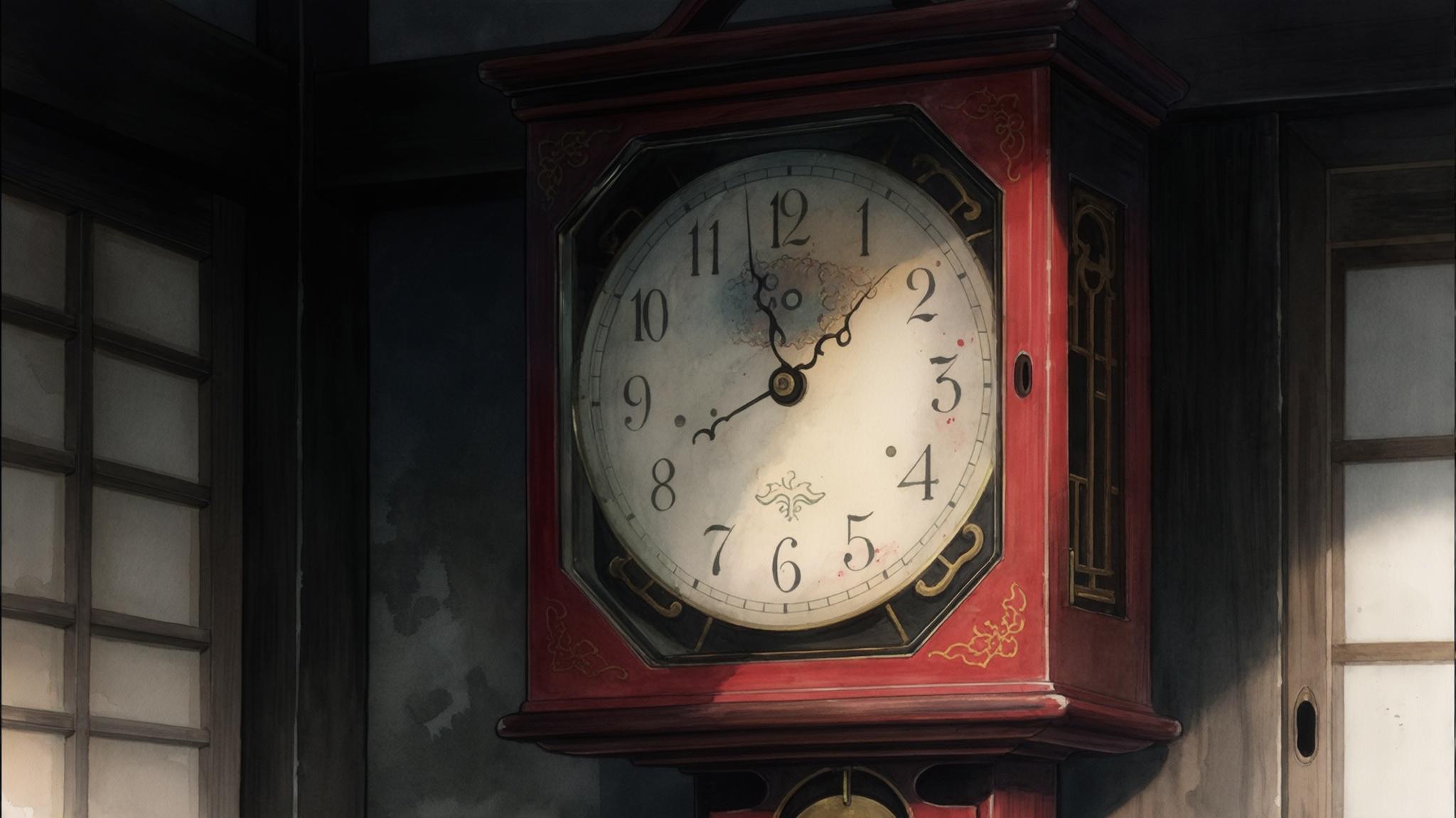 AI Image Generated by Luma Photon: Japan, second half of the 19th century. The Boshin War is underway. The Geisha school in Kyoto. Сlose up of japanese clock hanging on wall Watercolor style, all objects in dark tones. For some parts use colors: #92011A, #3D6E3E, #013857, #FFE0DF