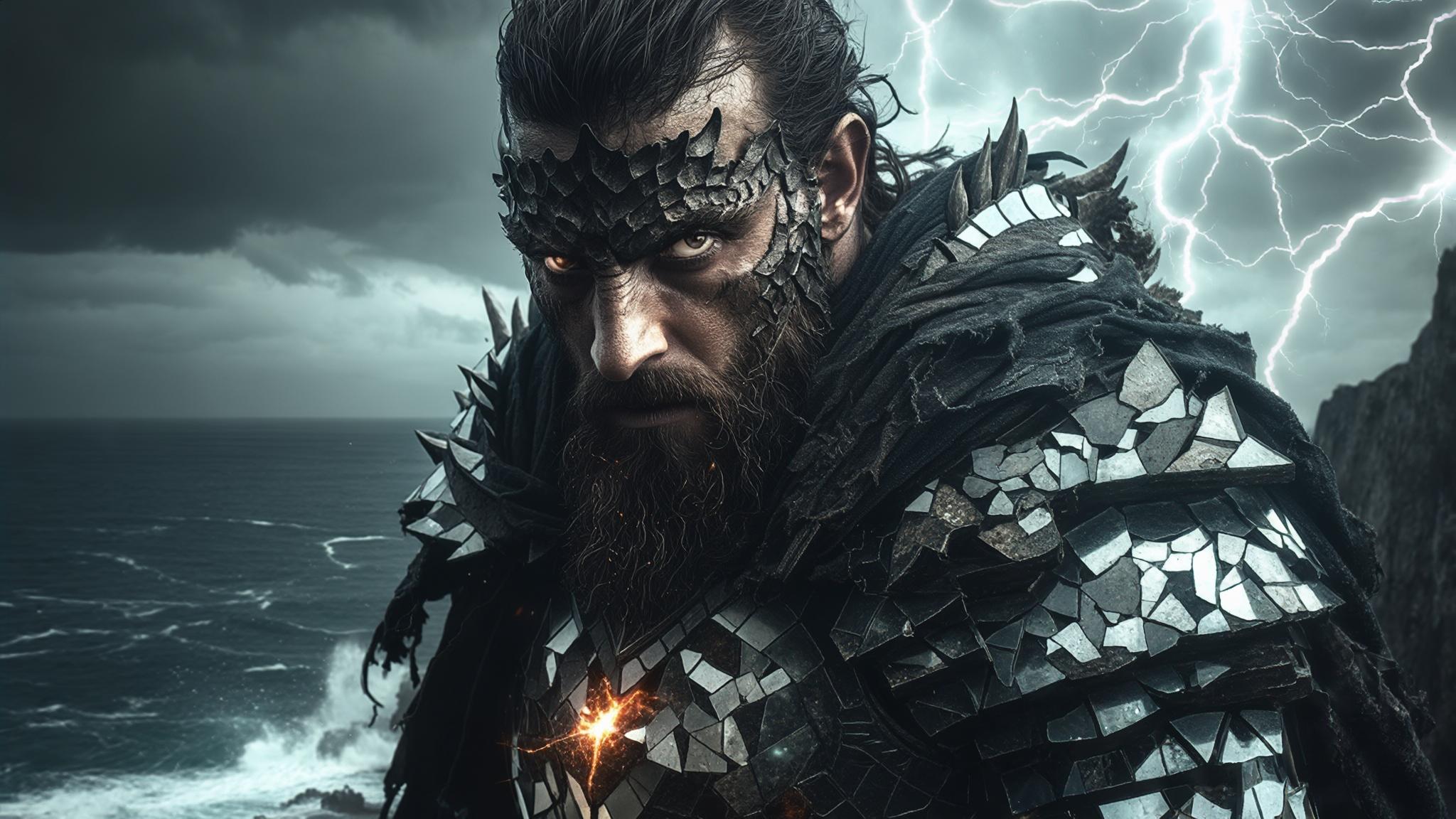 AI Image Generated by Luma Photon: A striking multiple exposure portrait of a fierce dragon hunter with armor made of shattered mirrors, intensely focused gaze piercing through the camera. He stands on a cliff overlooking a stormy ocean, with lightning sparking around him. His tattered cloak billows like tempestuous waves, merging with the jagged rocks below, creating a dynamic blend between warrior and nature. Glowing runes float around him, pulsing like a heartbeat. The scene captures an epic, hyper-realistic atmosphere akin to high-budget fantasy films, rendered in 8K clarity with dramatic shadow play and a gritty texture reminiscent of classical oil paintings.