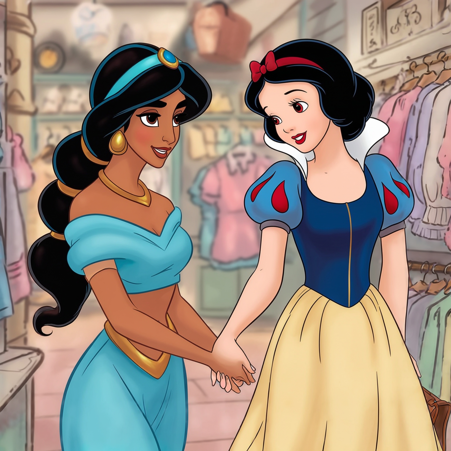 AI Image Generated by Luma Photon: lesbians princess jasmine dressed in princess Daisy and haïr style the same and princess snow white dressed in princess and style the same Peach and shopping clothe take hands close view styles Disney 1937s