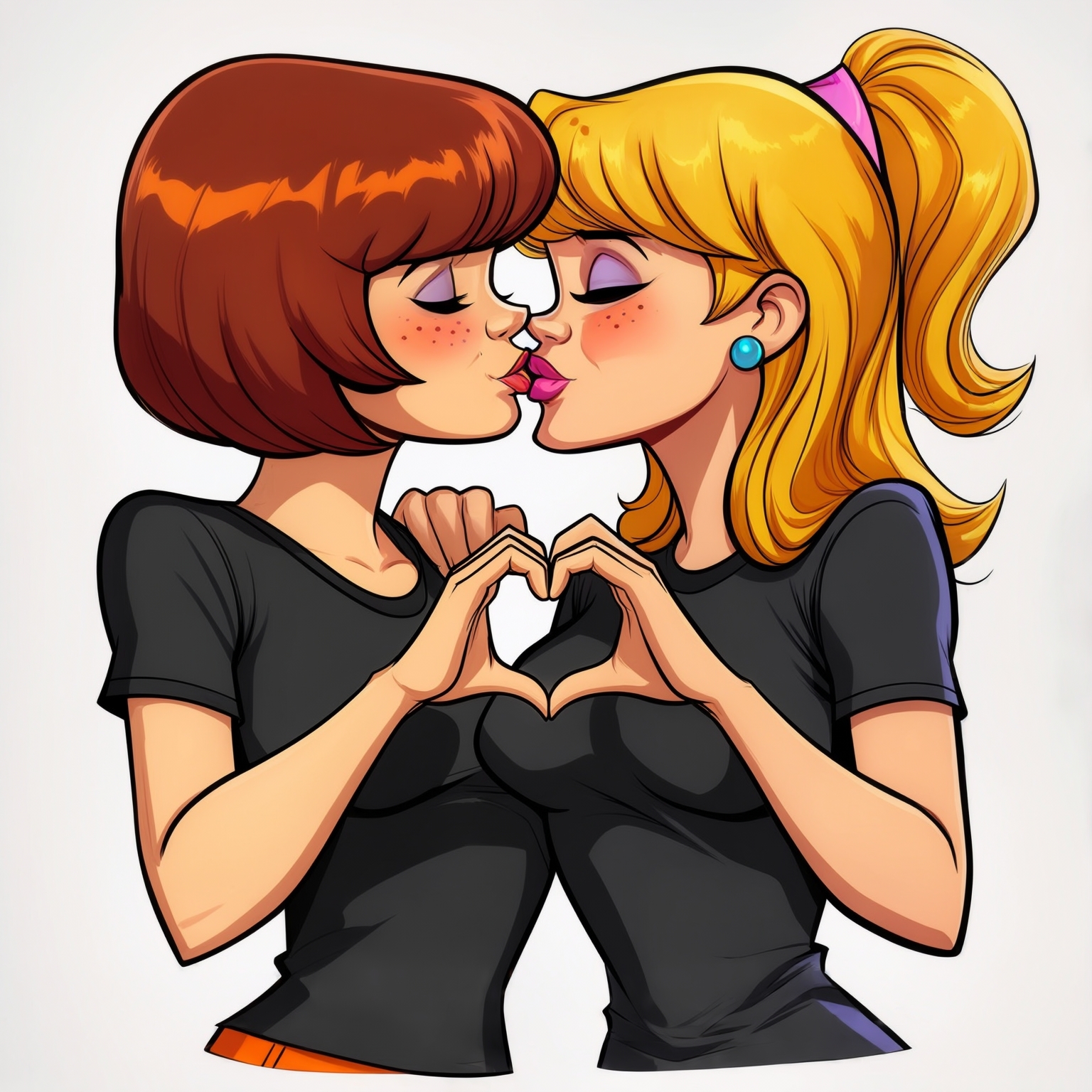 AI Image Generated by Luma Photon: Lesbiennes en t-shirt noir velma dinkley et Daphne Blake faire un cœur avc leur deux mains être amoureuse et resté amoureuse pour toujours et s'embrasser sur la bouche dessin drawing Scooby-doo woo are you hanna-barbera