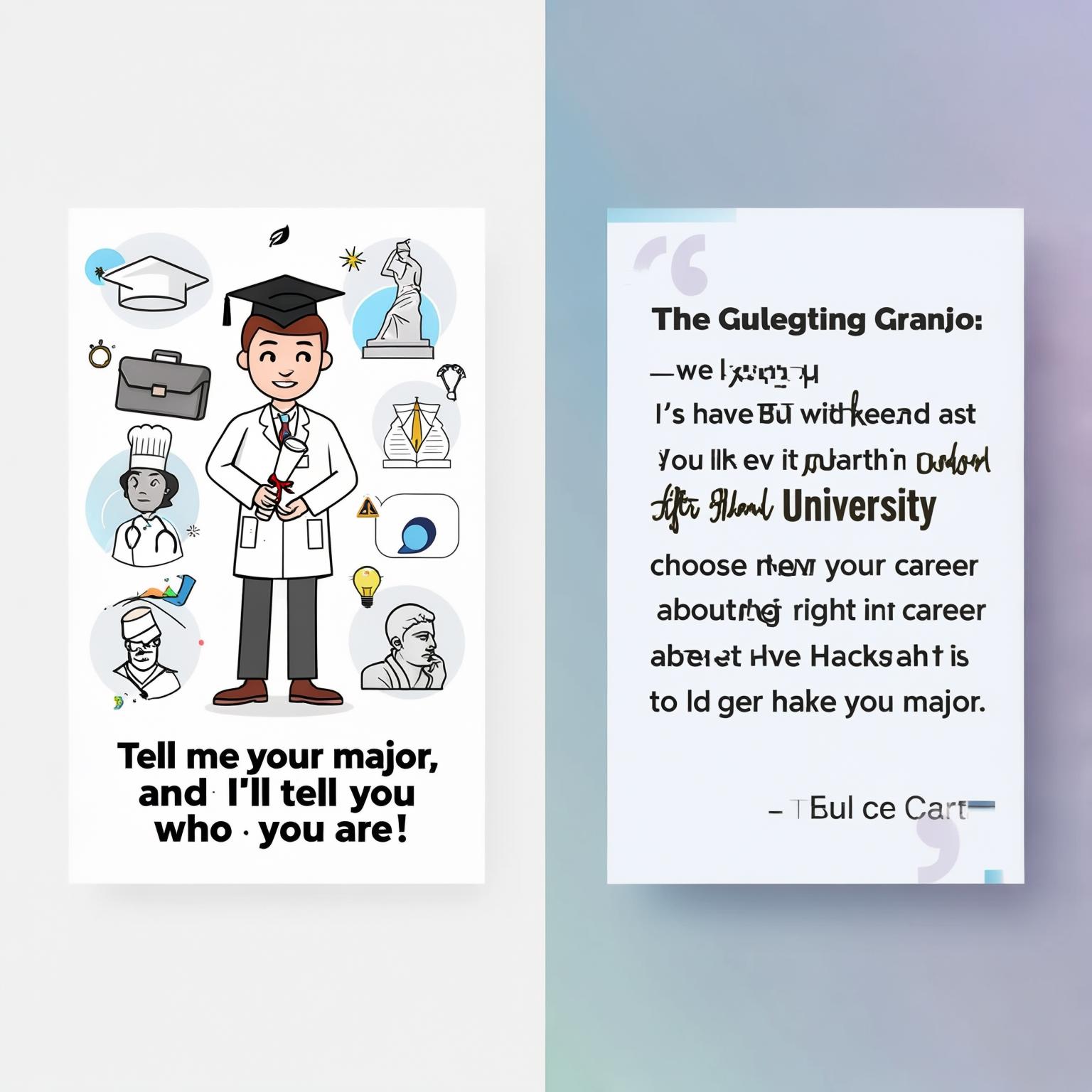 AI Image Generated by Luma Photon: Создай карточку к посту на тему ""Скажи мне, какова твоя специальность, и я скажу кто ты: как выбрать подходящую работу после выпуска из ВУЗа." Можно использовать мемы и отсылки к массовой и классической культуре