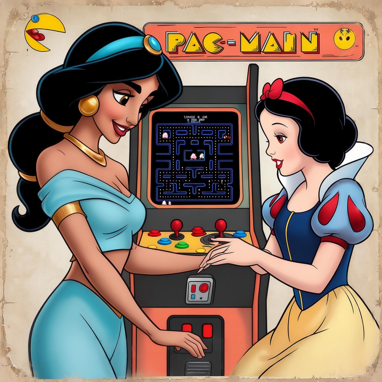 AI Image Generated by Luma Photon: Two lesbians princess jasmine and princess snow white styles Pac Man drawing Disney 1937s that both
