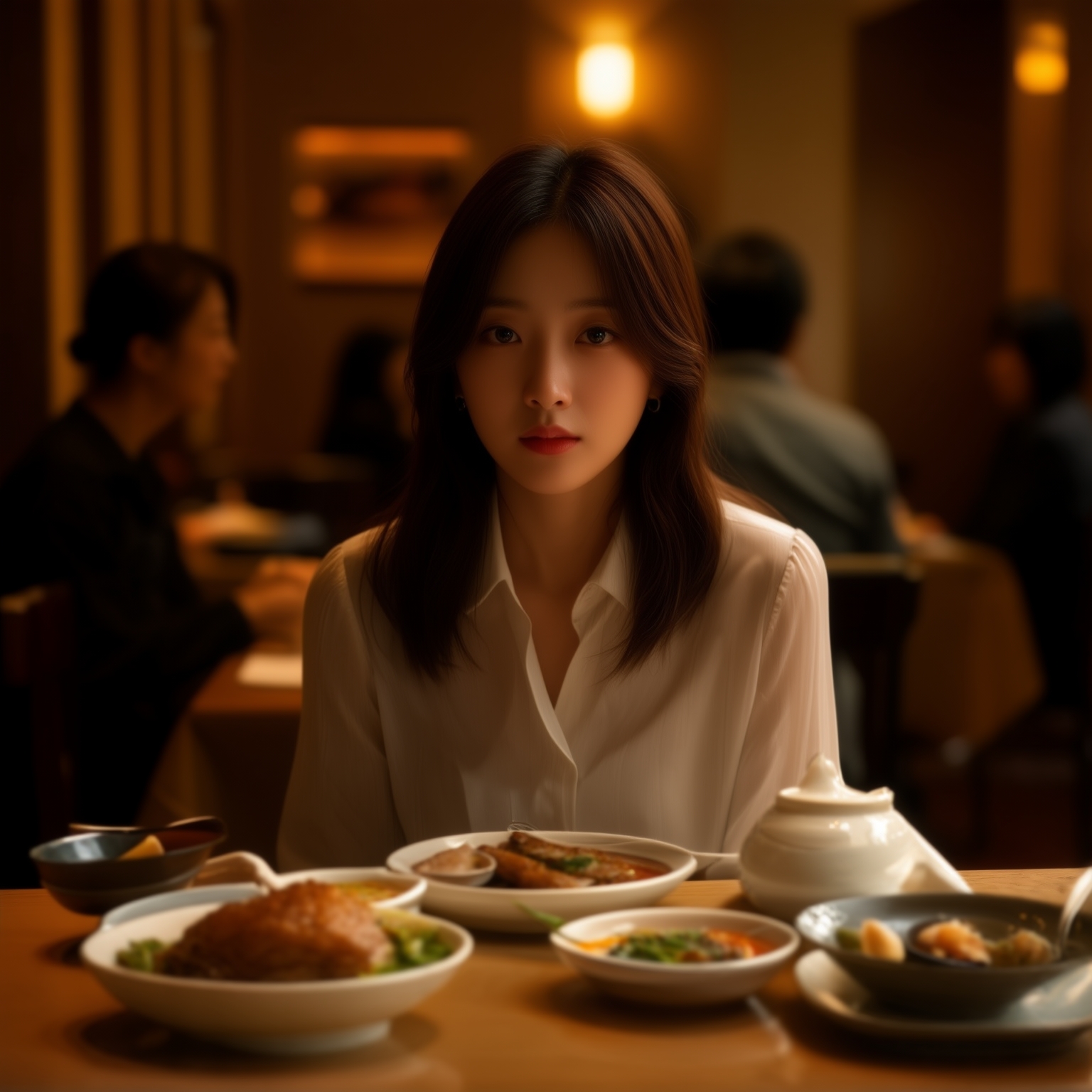 AI Image Generated by Luma Photon: 음식점에서 혼자 앉아 음식을 먹고 있는 한국인 30대 아름다운여자