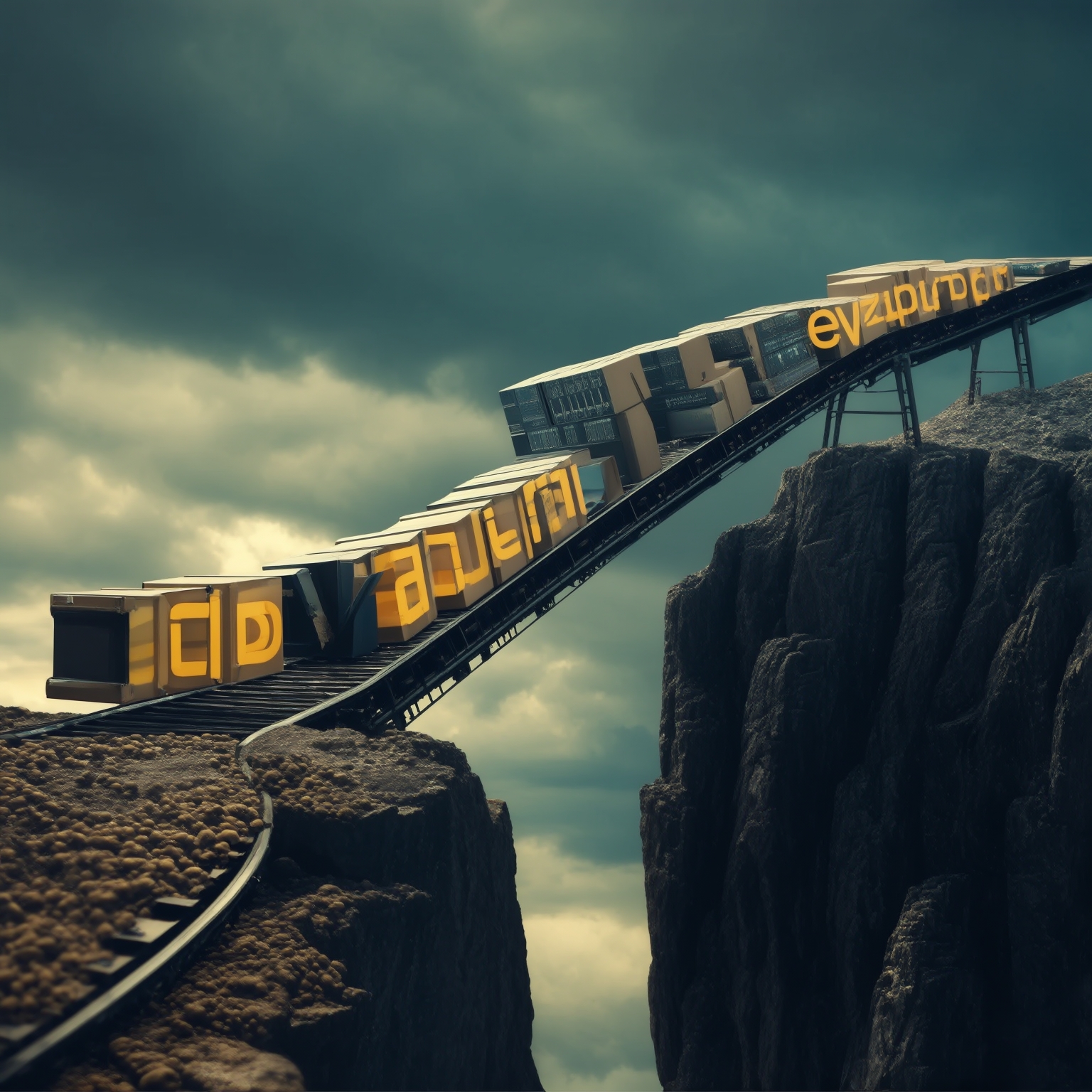 AI Image Generated by Luma Photon: a conveyor sending old rpm packages over the edge of a cliff and into /dev/null