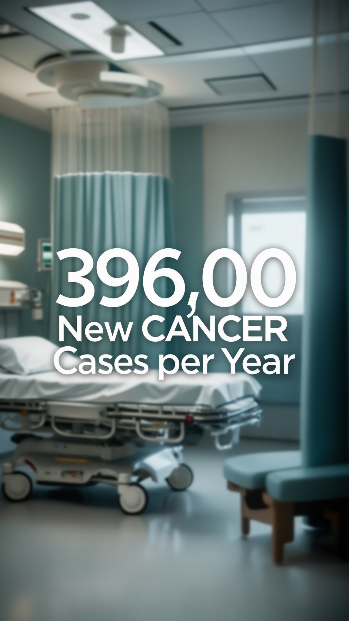 AI Image Generated by Luma Photon: "396,000 Kasus KANKER Baru per tahun" spelled in text, bold impactful letters, calm hospital background