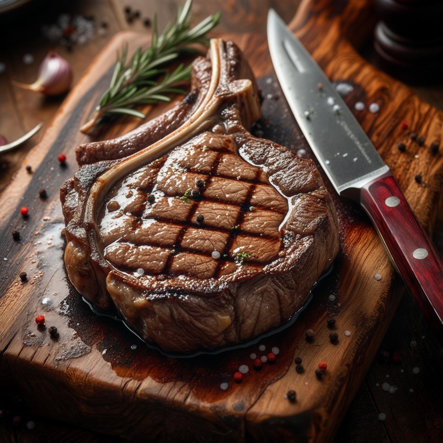 AI Image Generated by Luma Photon: entrecôte de bœuf grillée sur planche en bois, vue de dessus, couteau à viande, lumière d'ambiance, photoultra réaliste, haute définition