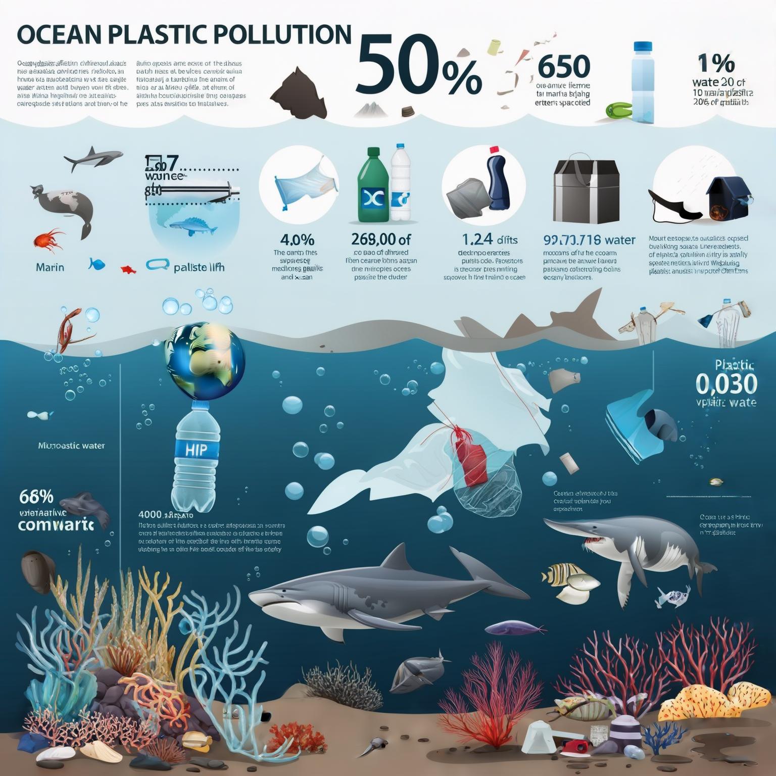 AI Image Generated by Luma Photon: Create an infographic detailing the impacts of ocean plastic pollution, using icons and statistics to highlight key impacts on marine life and ecosystems. Masterpiece. HD details. best quality