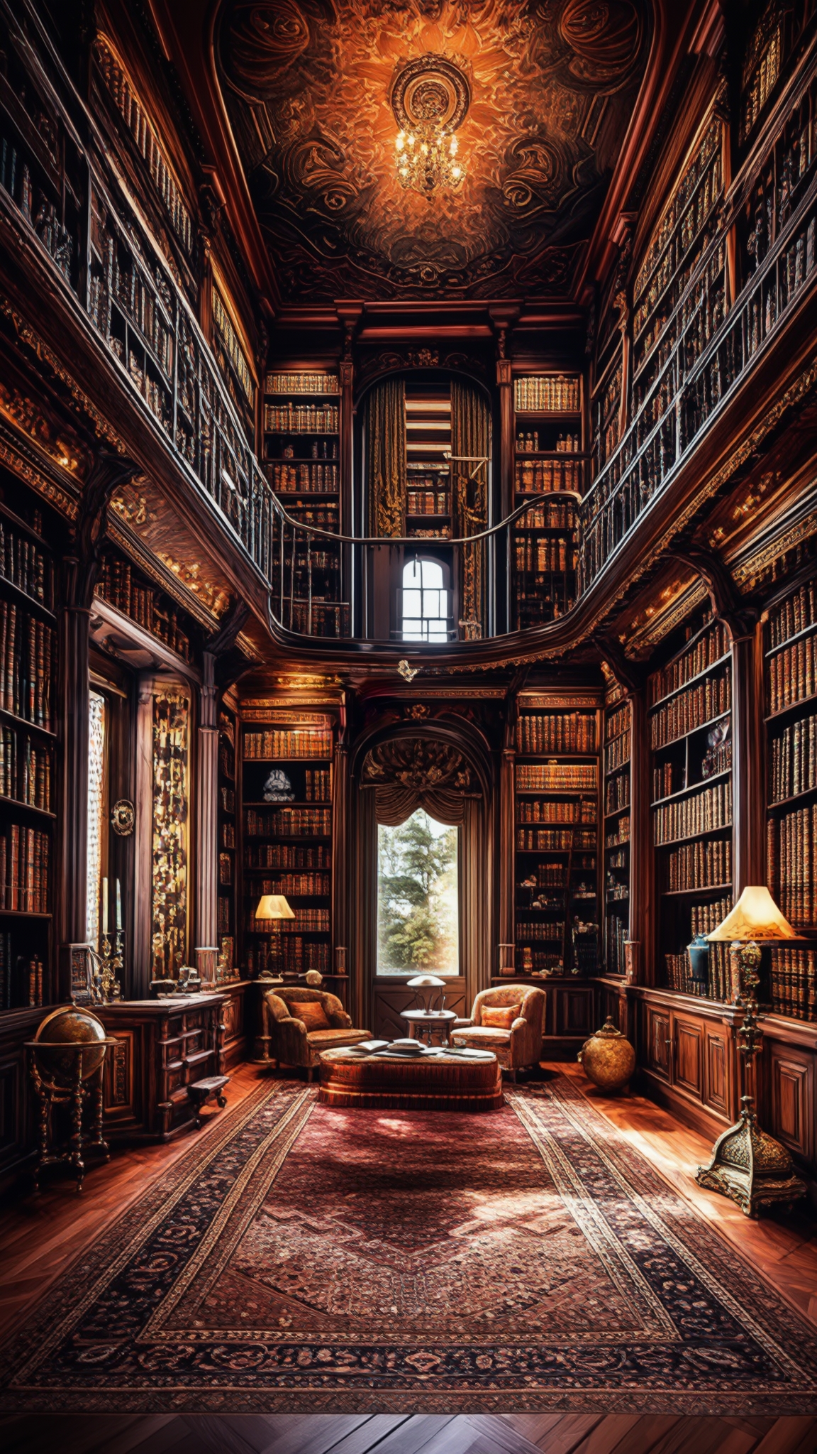 AI Image Generated by Luma Photon: A grand library inspired by Antilia, featuring floor-to-ceiling wooden bookshelves filled with rare, leather-bound books. A spiral staircase leads to a mezzanine level. The room is adorned with a Persian rug, antique reading lamps, and a central seating area with plush armchairs. Large windows provide soft natural light, and the decor includes Indian artifacts and a globe. Hyper-realistic, warm lighting, and detailed textures.