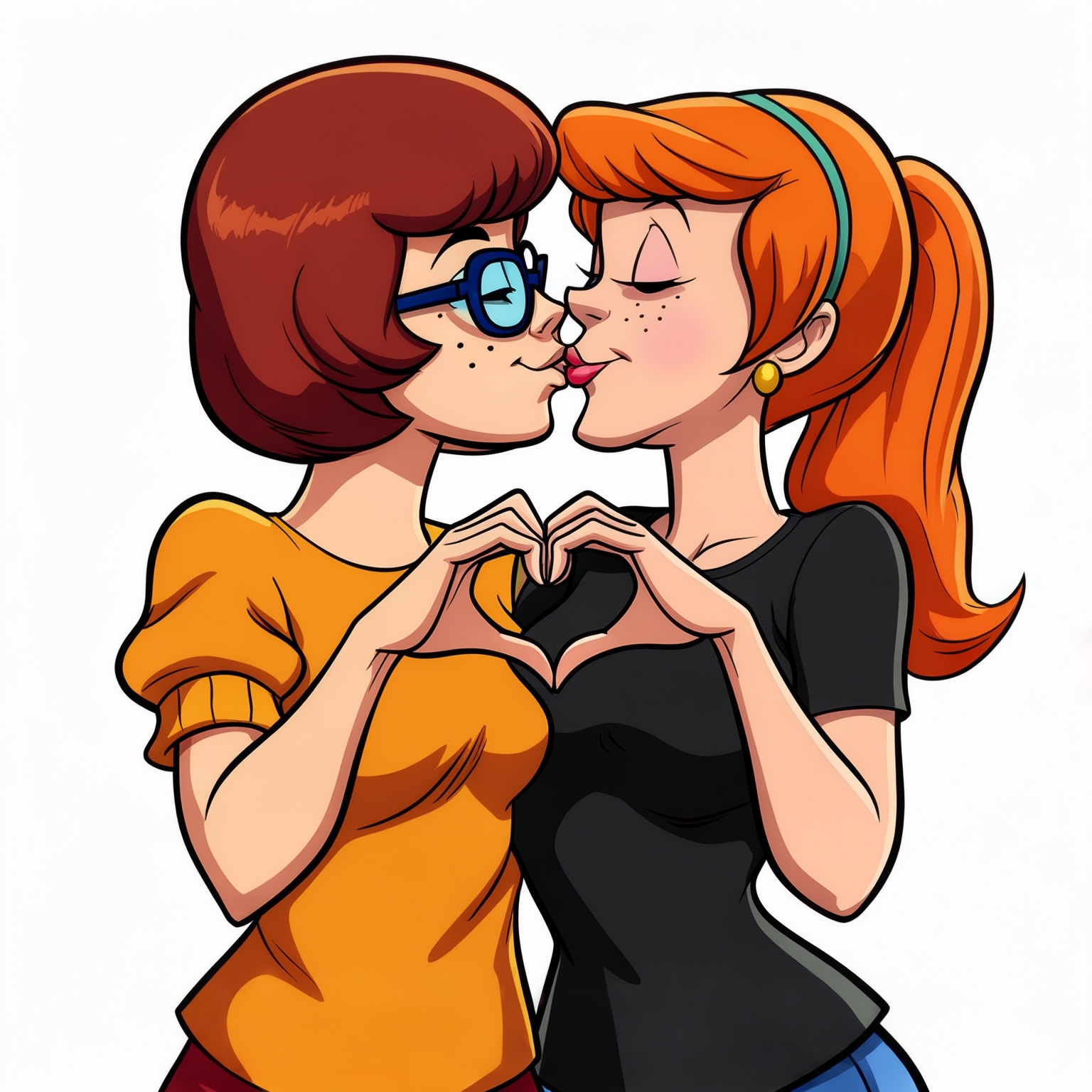 AI Image Generated by Luma Photon: Lesbiennes en t-shirt noir velma dinkley et Daphne Blake faire un cœur avc leur deux mains être amoureuse et resté amoureuse pour toujours et s'embrasser sur la bouche dessin drawing Scooby-doo woo are you hanna-barbera
