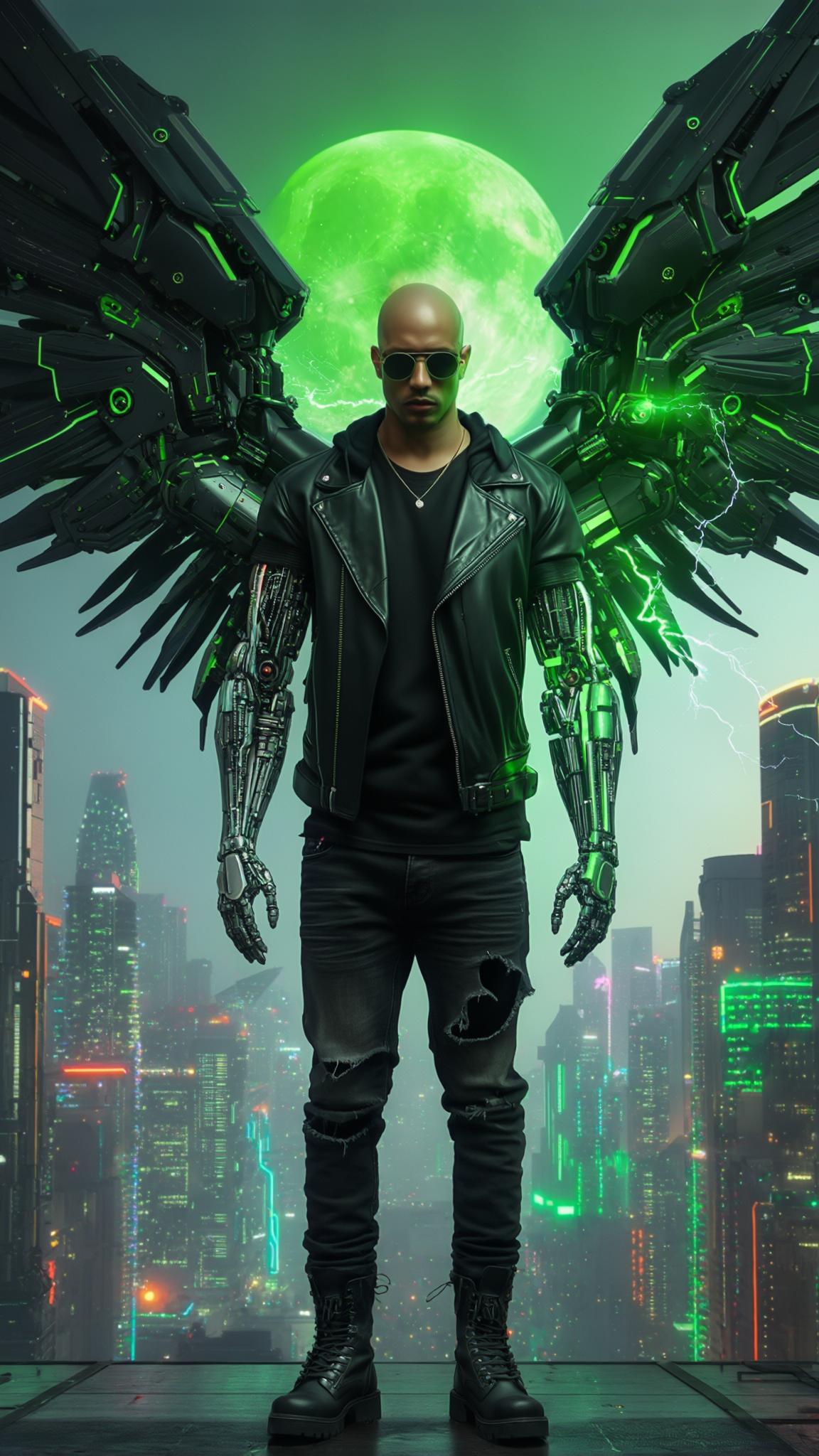 AI Image Generated by Luma Photon: A bald Dominican young man standing in the street in a sprawling futuristic cityscape, the neon glow of cybernetic advancements illuminating the skyline. He wears a black leather jacket that is torn, black jeans, and heavy black boots, cybernetic arms, his stance unwavering against the pre-dawn breeze. His sleek sunglasses reflect the distant shimmer of autonomous drones patrolling the metropolis. Attached to his back are two massive cybernetic mecha wings, colored in sleek black and vibrant green, their intricate mechanisms pulsating with energy. Electricity crackles around his wings, arcing across his enhanced frame like a living storm, showcasing the raw power of his cybernetic augmentations. Neon lights are pulsating throughout the city below. A big green moon directly behind subject. Rendered in hyper-realistic 8K, utilizing Unreal Engine-quality graphics