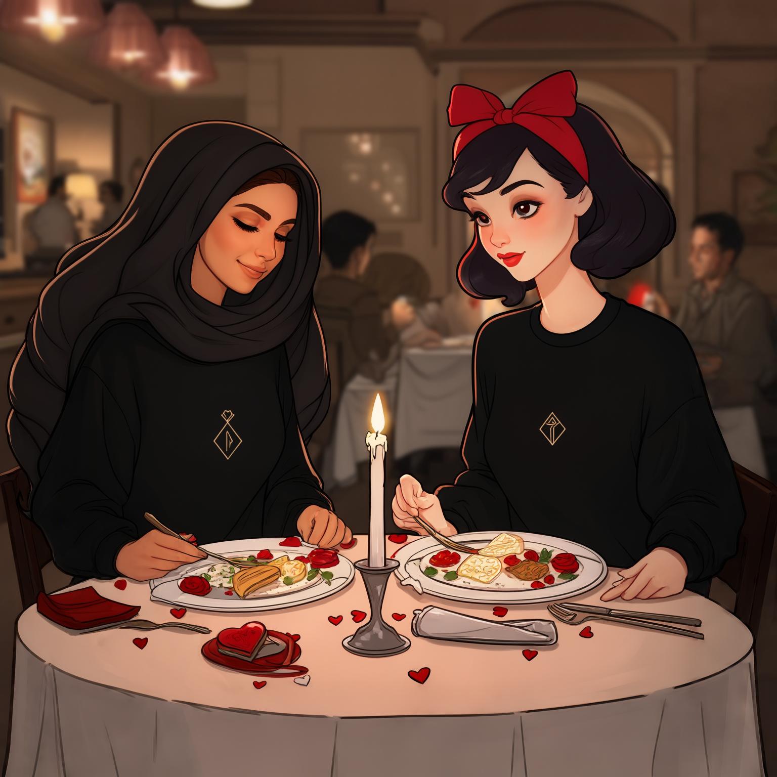 AI Image Generated by Luma Photon: Lesbiennes princesse jasmine en pulle sweat noir Nike manche longue et princesses blanche neige en pulle sweat noir Nike manche longue Manger au restaurant pour la saint Valentin styles drawing Disney 1937s classique