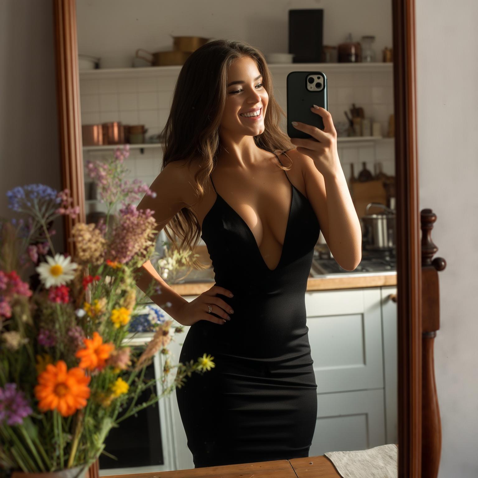 AI Image Generated by Luma Photon: The image features a young woman in a more form-fitting, stylish black dress with a deeper neckline, taking a selfie in front of a mirror while holding her iPhone. Her joyful expression reflects her confidence as she poses. The cozy kitchen behind her is bathed in warm sunlight, creating an inviting atmosphere. A wooden table adorned with a vibrant bouquet of wildflowers adds to the charm of the scene, showcasing her creativity and cheerful spirit.