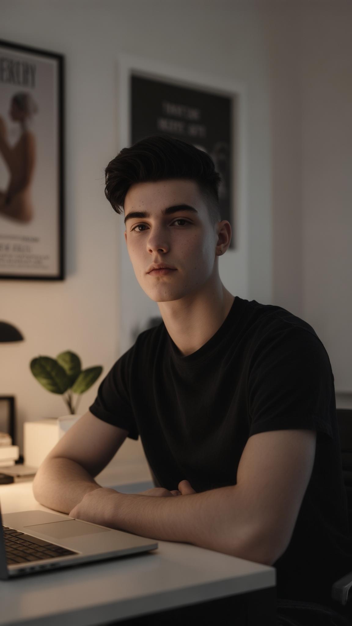 AI Image Generated by Luma Photon: A 20-year-old Caucasian male with short black hair, sitting in a modern, minimalistic interior similar to a tech YouTuber setup. He is looking directly into the camera as if filming a vlog. The background includes a desk, laptop, indoor plant, soft lighting, and framed poster on the wall, similar to a stylish tech content creator's room. The person is not holding anything and is not interacting with any objects — just calmly sitting and focused on the camera.